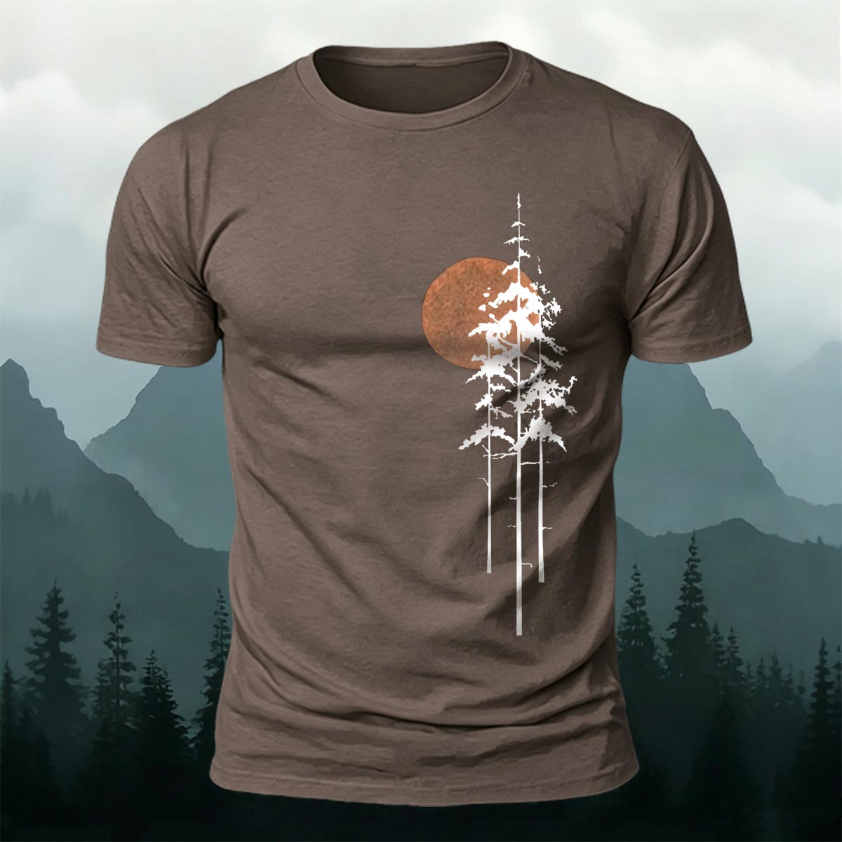 Retro Sunset Pine Tree Print Cotton T-Shirt