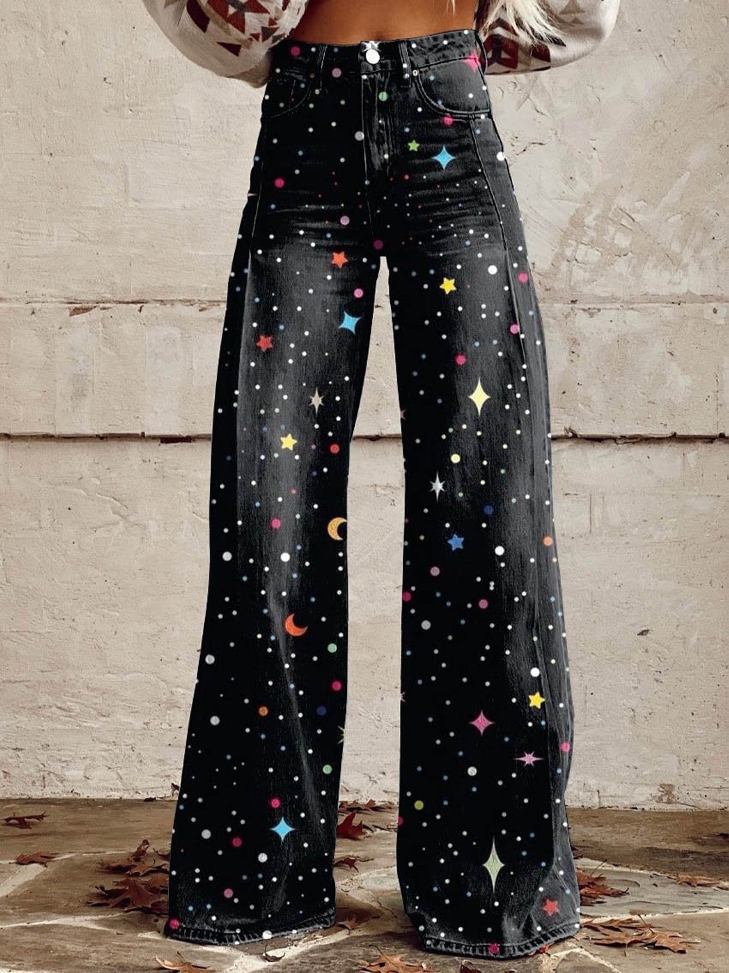 Women's Denim-Look 3D-Printed Casual Wide-Leg Flared Pants