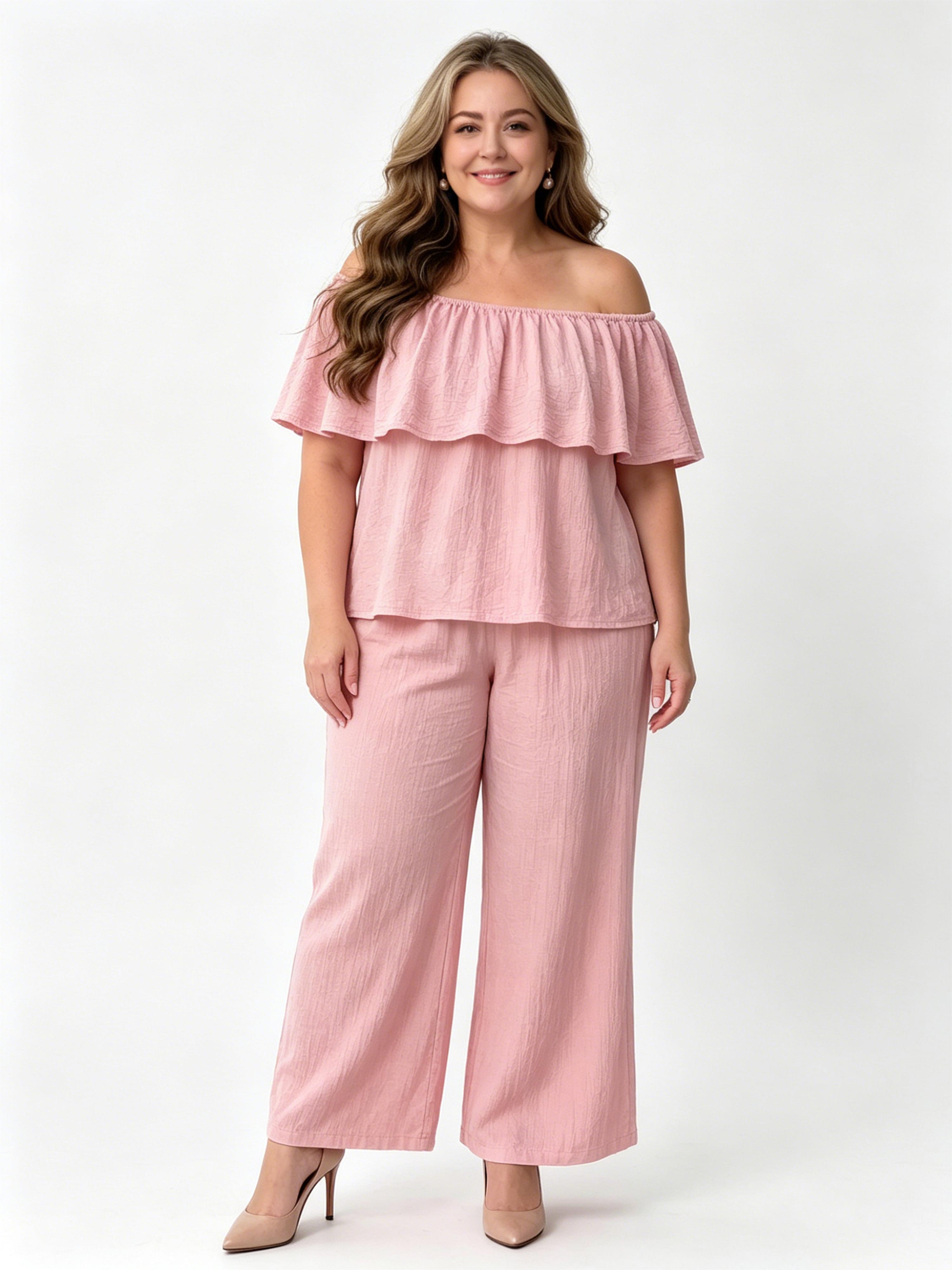 Off-the-shoulder Ruffled Top and Wide-leg Pants Casual Vacation Set
