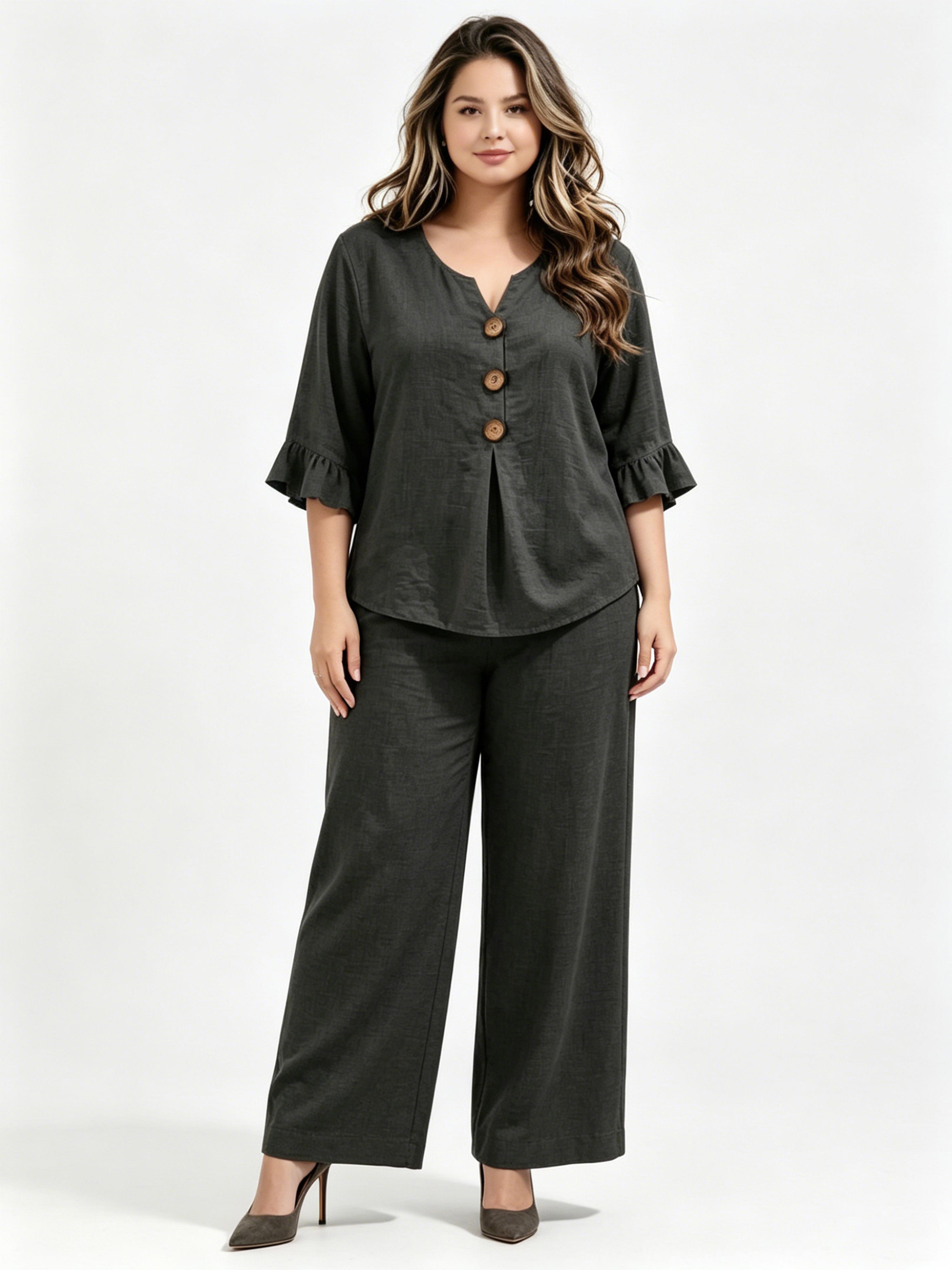 Casual Button-Down V-Neck Ruffle Two-Piece Set