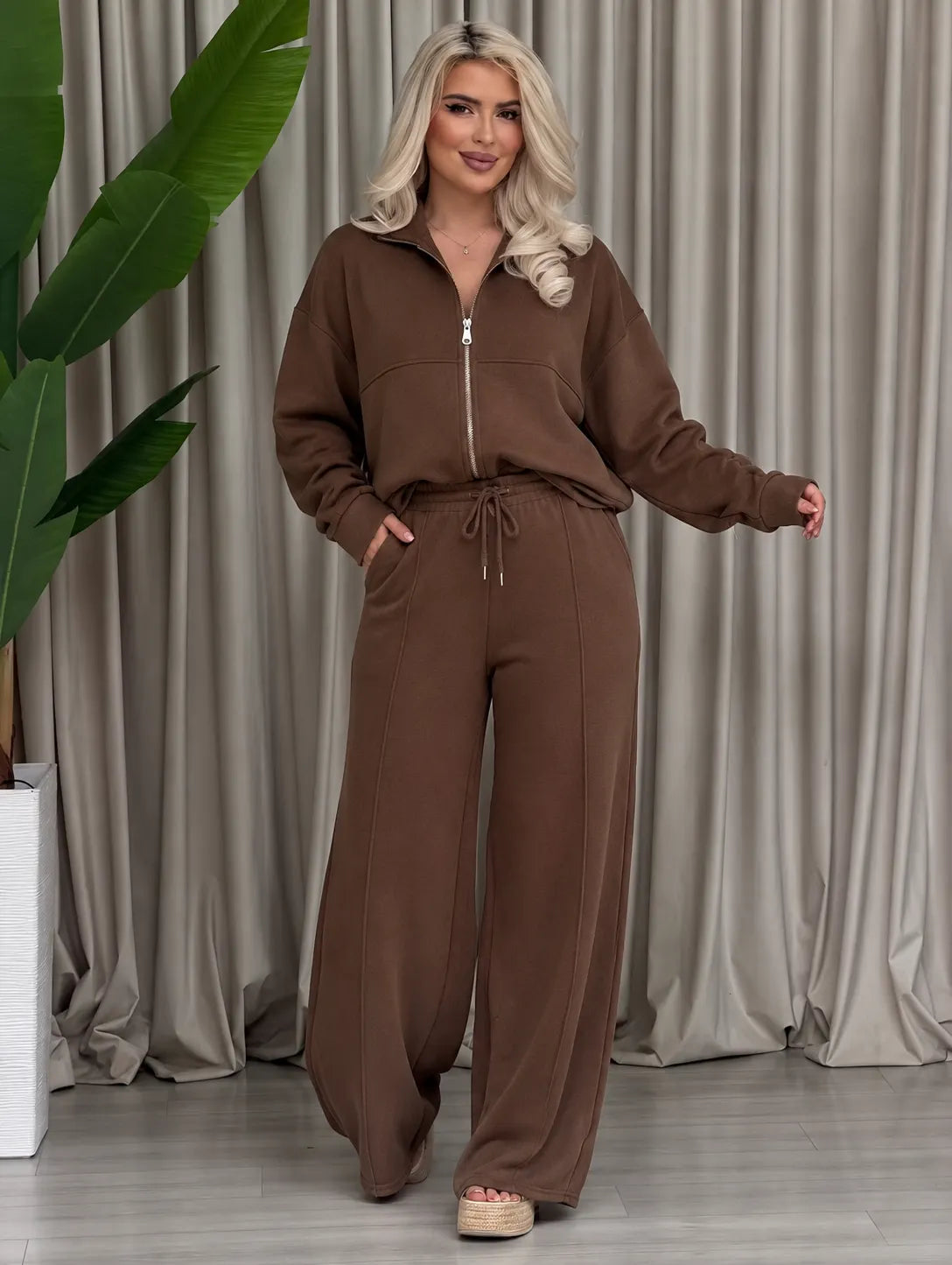 Women Solid Color Sweatshirt Casual Two Piece Set