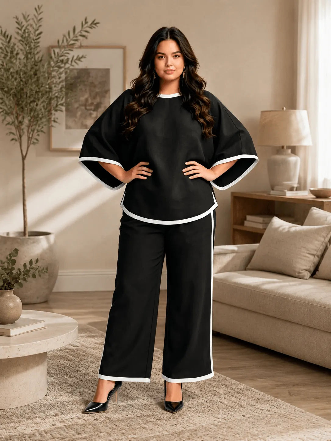 Fashionable Loose Batwing Sleeve Robe Wide-leg Pants Set