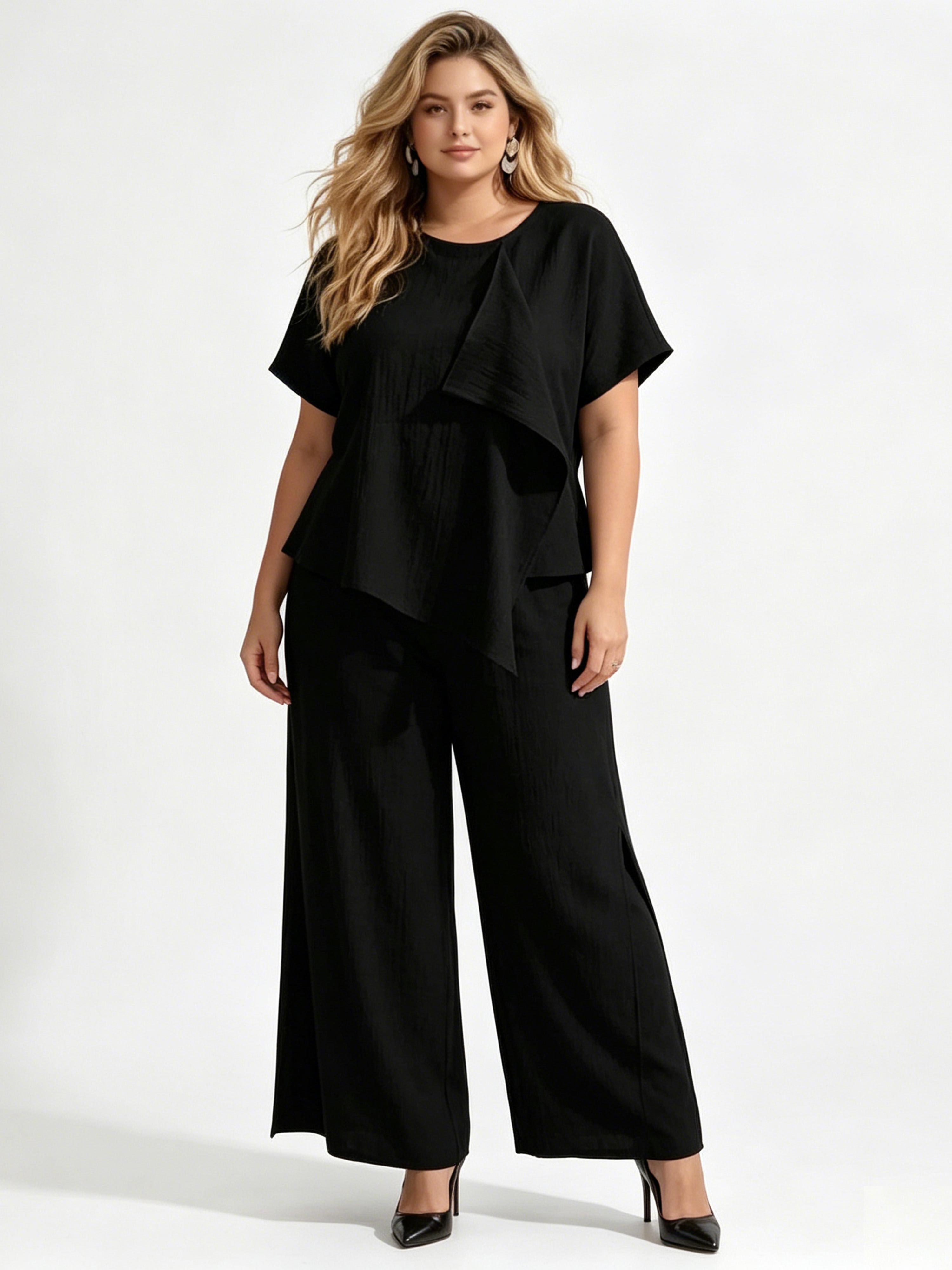 Round Neck Irregular Top Split Wide-leg Pants Set