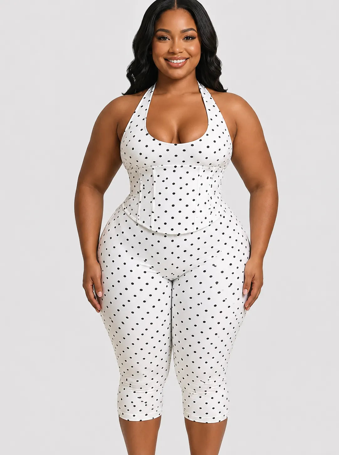 Sexy Halter-Neck Polka Dot Waist-Cinching Shapewear And Capri Legging