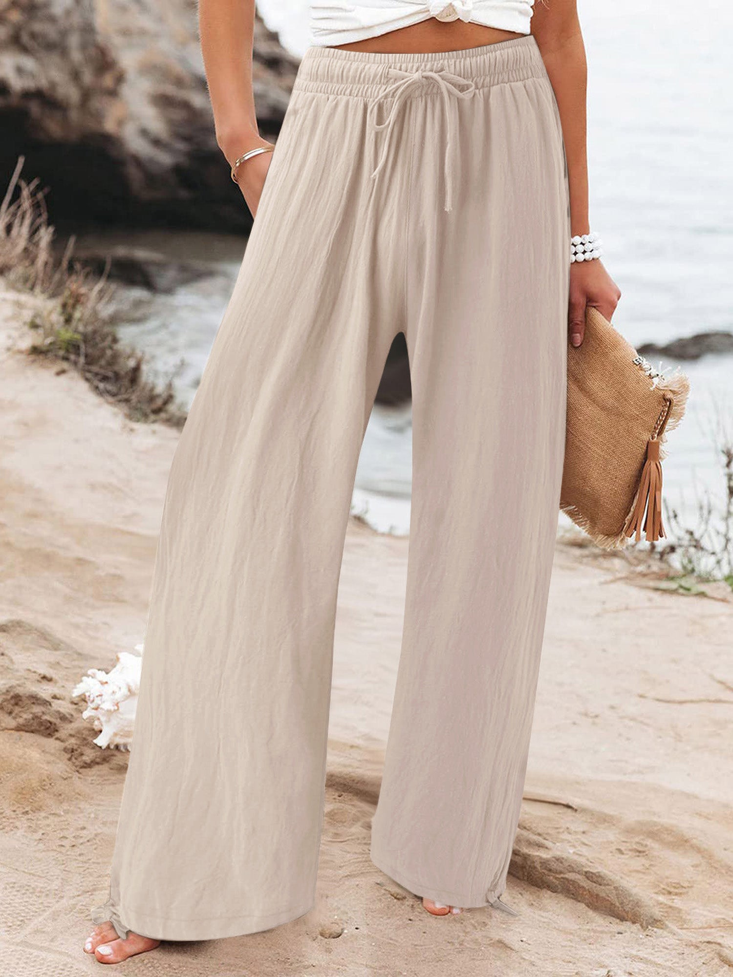 Elastic-Waist Casual Solid-Color Wide-Leg Pants