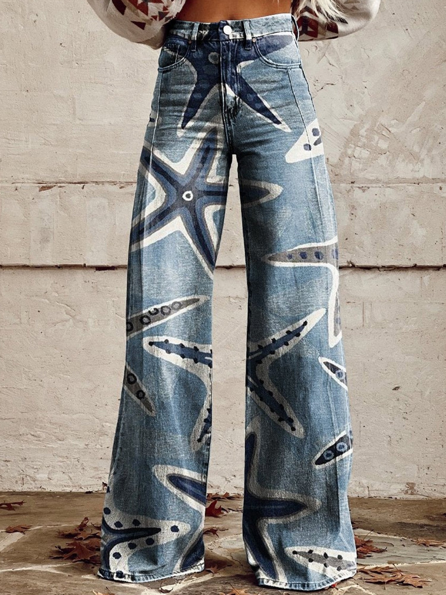 Women's Denim-Look 3D-Printed Casual Wide-Leg Flared Pants