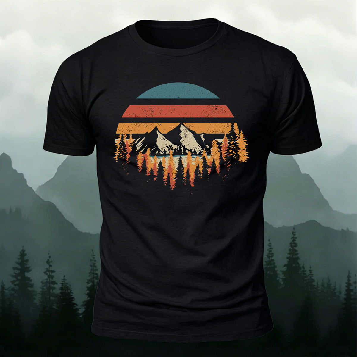 Mountain Landscape Pattern Retro Trend Cotton T-Shirt
