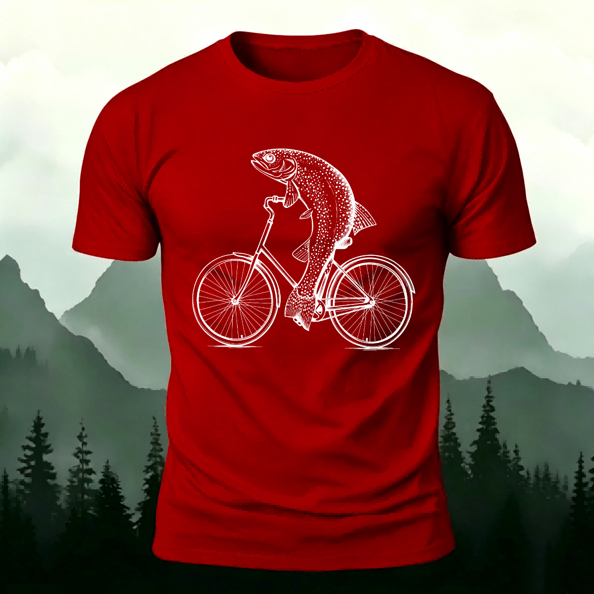 Fish Riding Bicycle Fun Pattern Cotton Casual T-Shirt