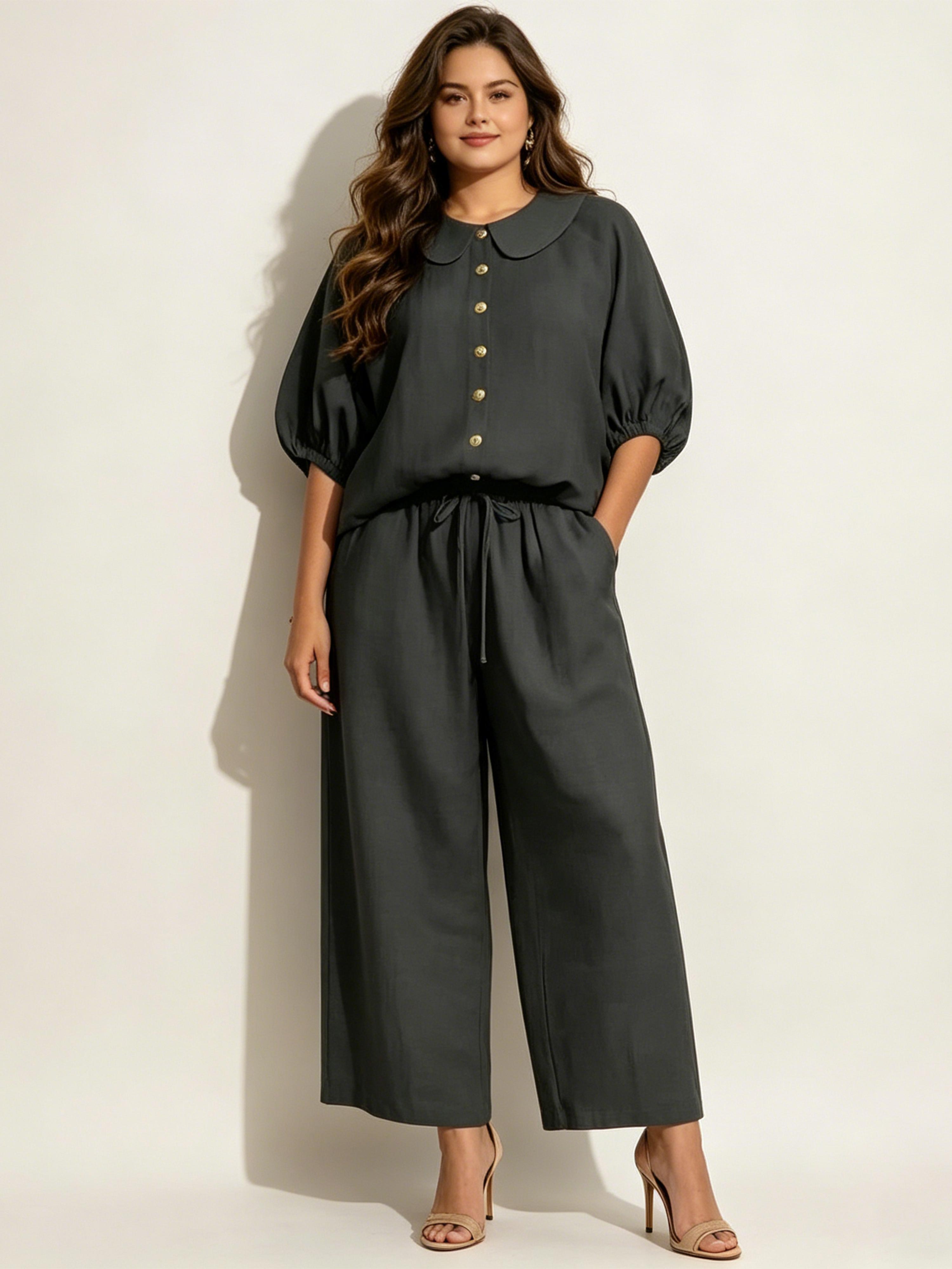 Fashionable Cotton-Linen Bell-Sleeve Shirt and Pants Set