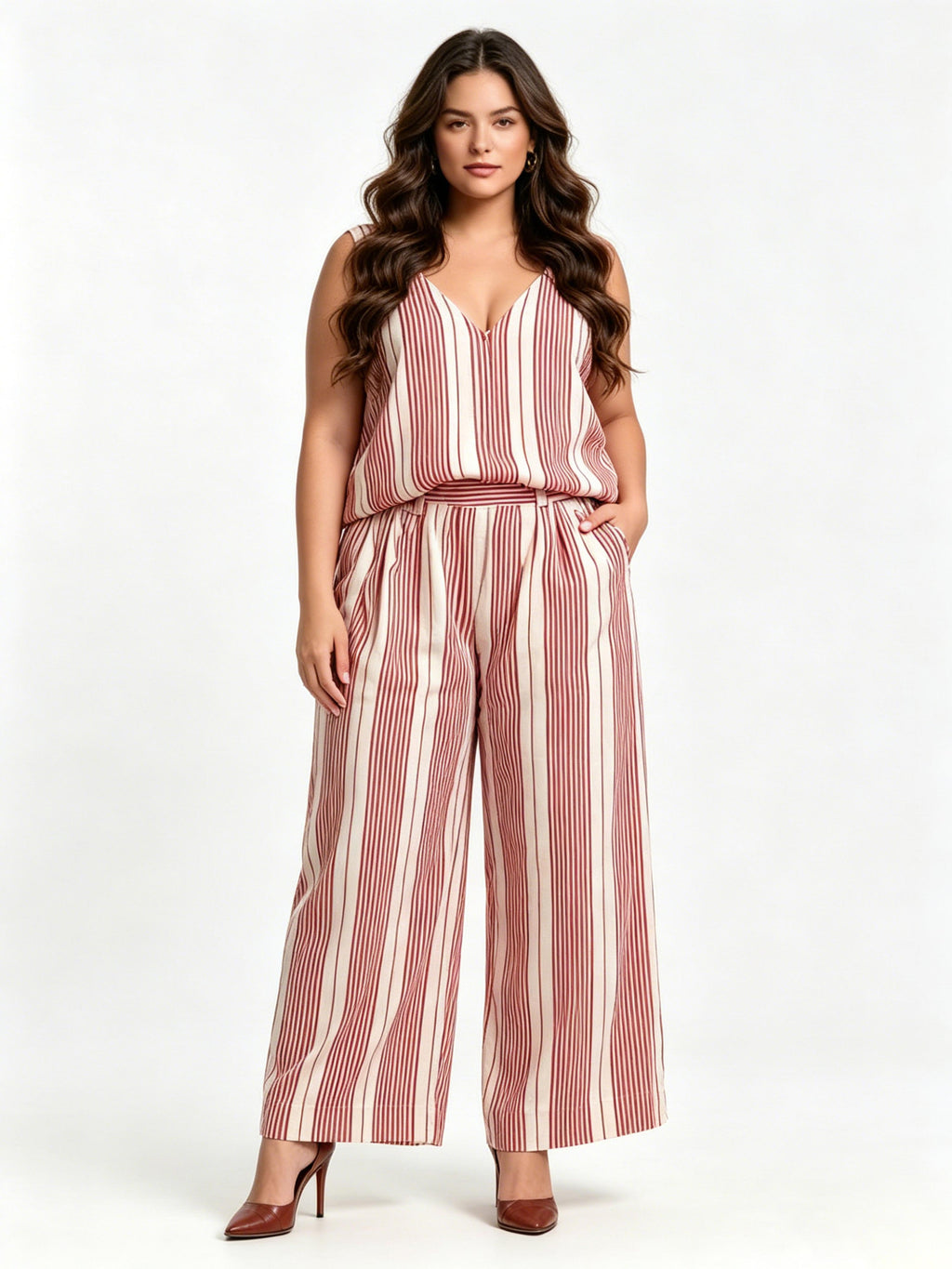 Faux-Stripe Print Bohemian-Style Elegant V-Neck Set
