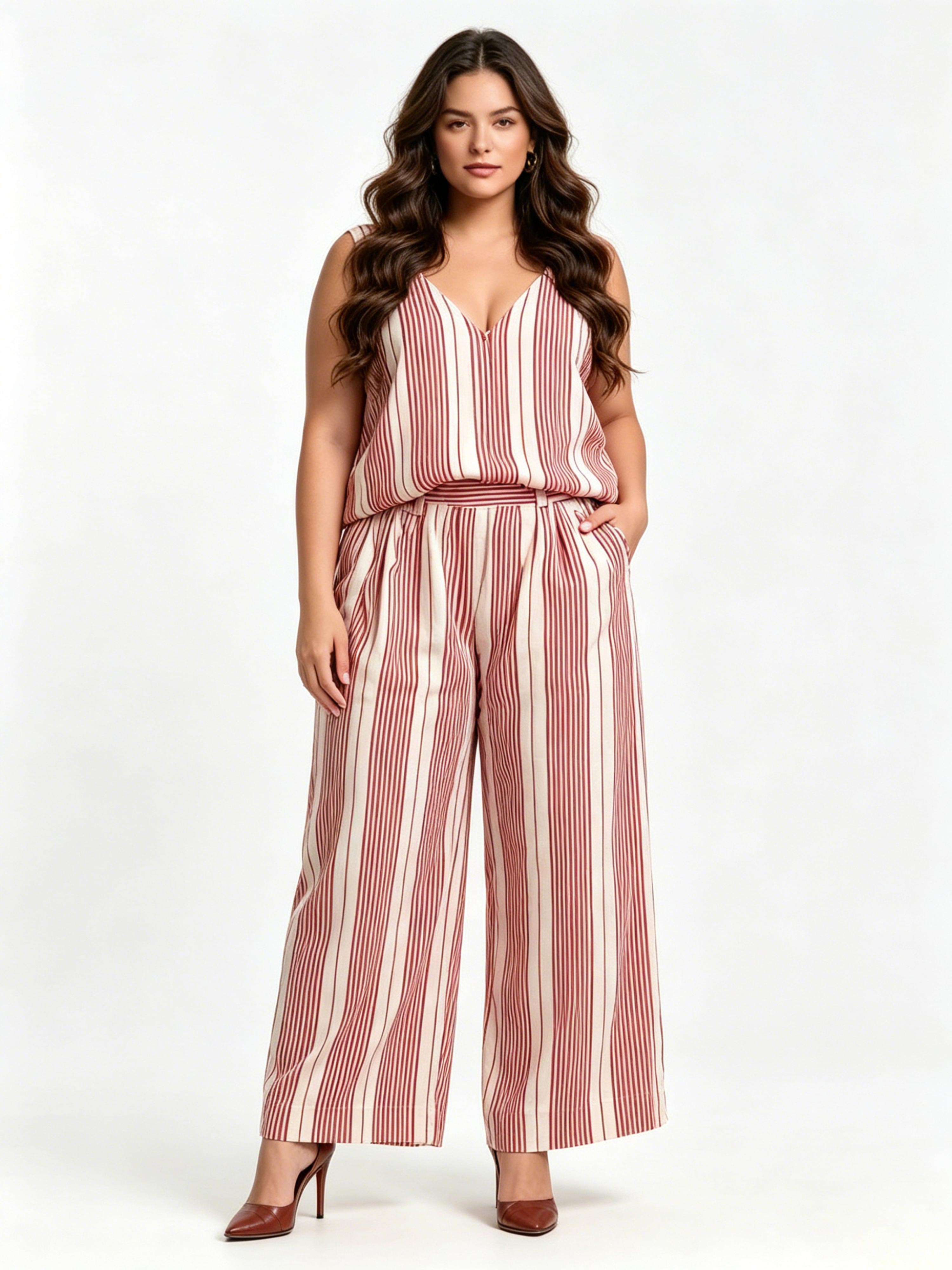 Faux-Stripe Print Bohemian-Style Elegant V-Neck Set