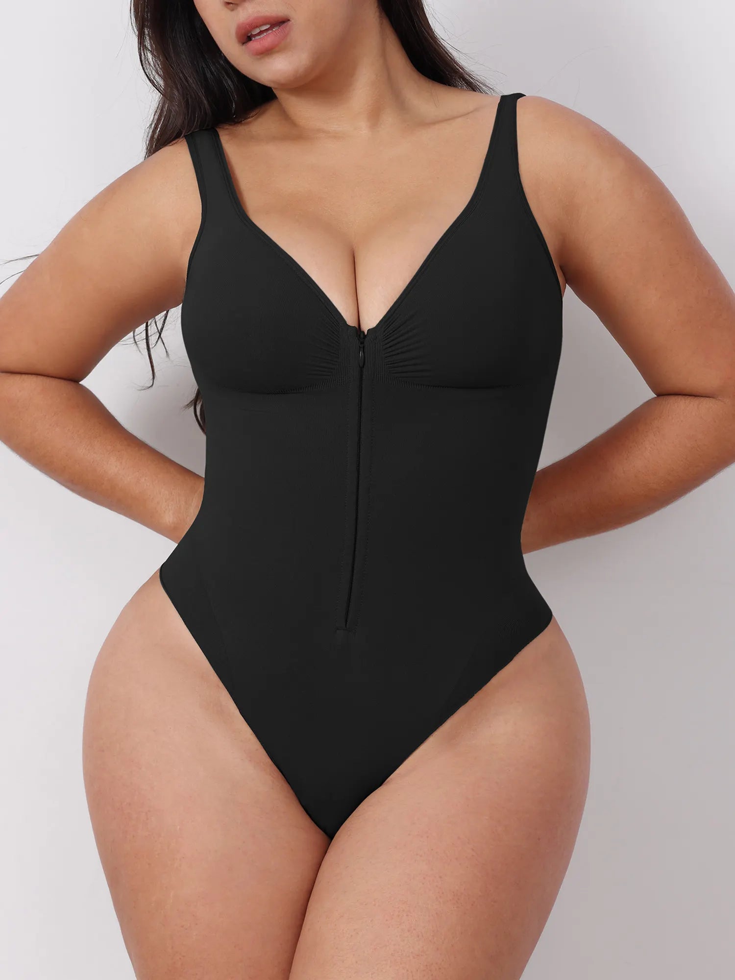 Zipper Strap Backless V-Neck Tummy Control Shaping Bodysuits