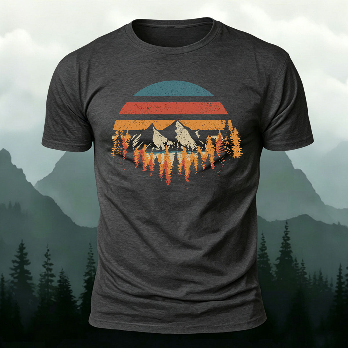 Mountain Landscape Pattern Retro Trend Cotton T-Shirt