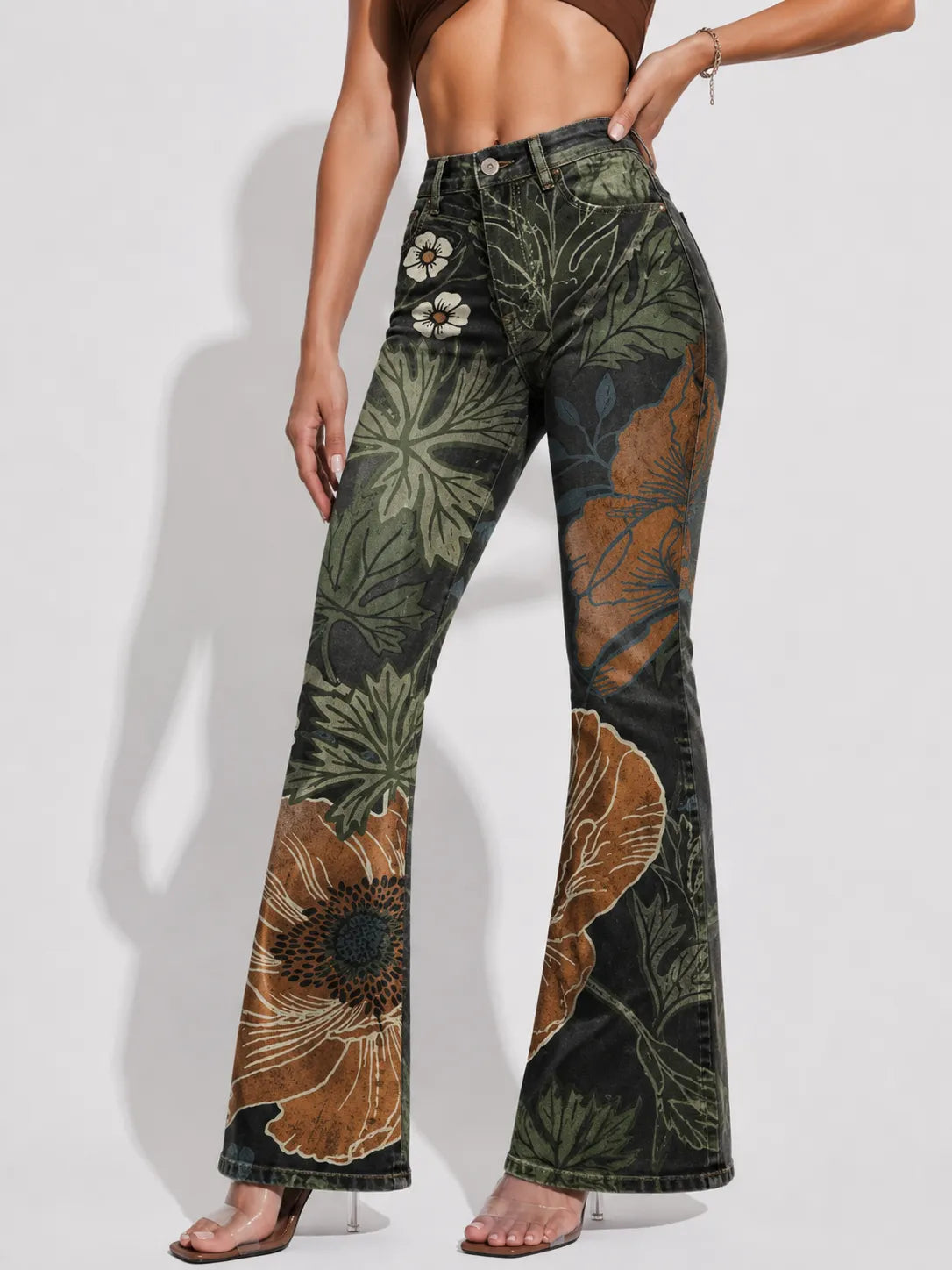 Women's Vintage Floral Print Faux-Denim Trousers