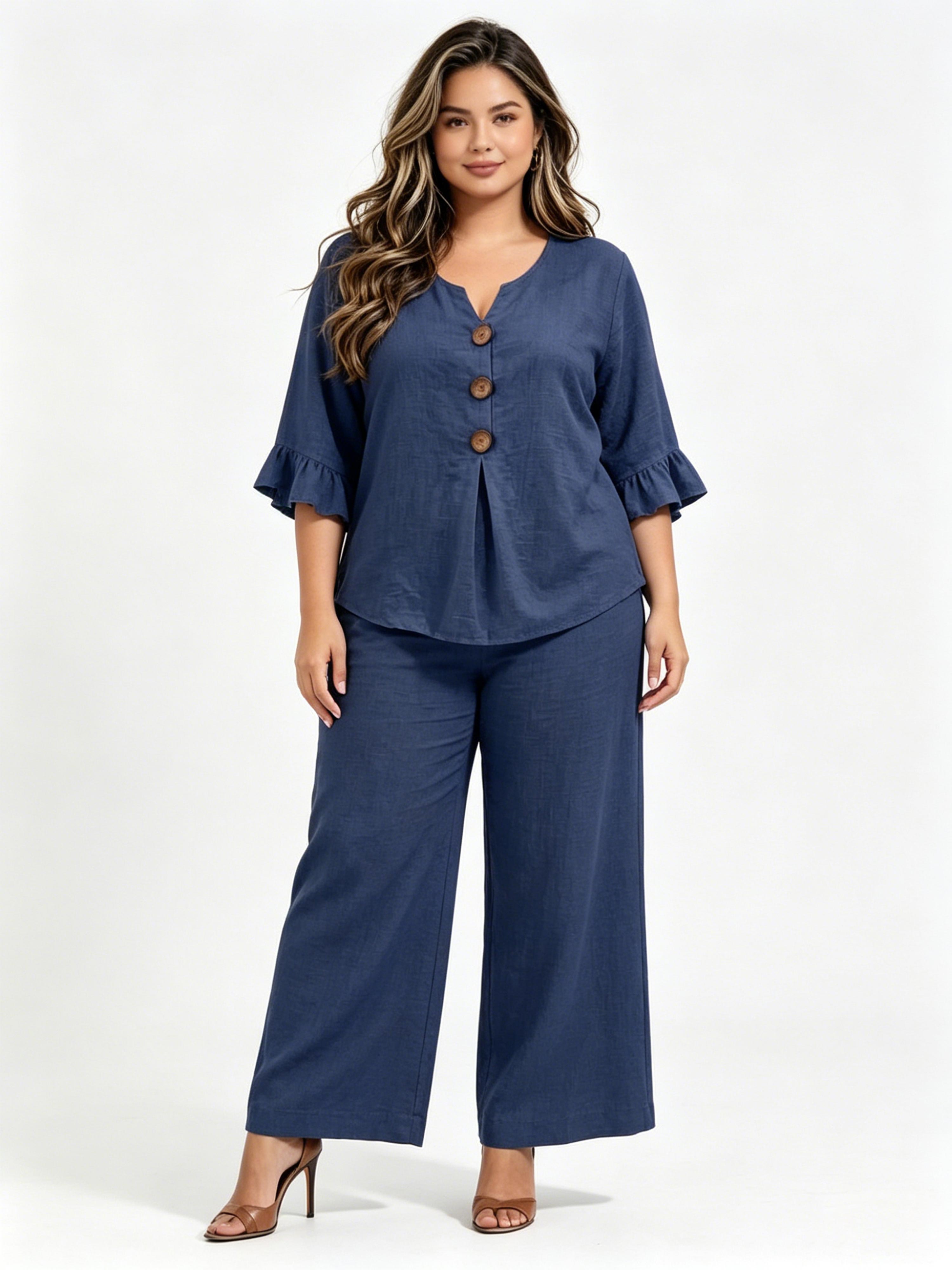 Casual Button-Down V-Neck Ruffle Two-Piece Set
