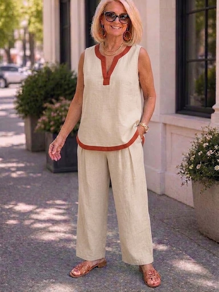Summer Color-Blocked Cotton-Linen Fashion Two-Piece Set