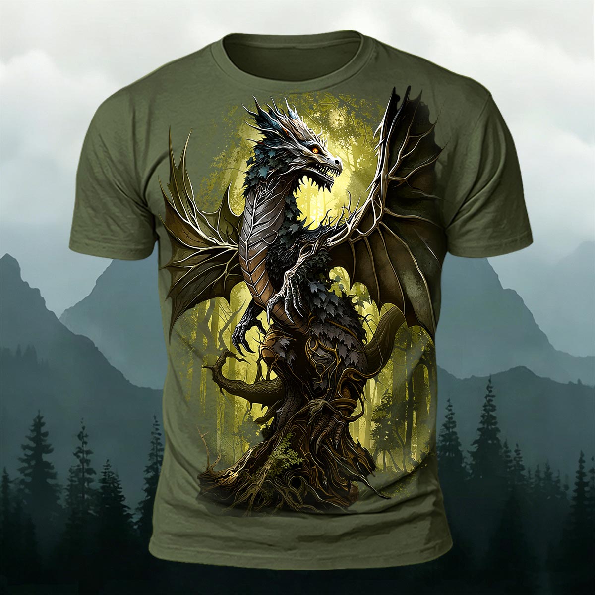Retro Forest Dragon Print Outdoor T-Shirt