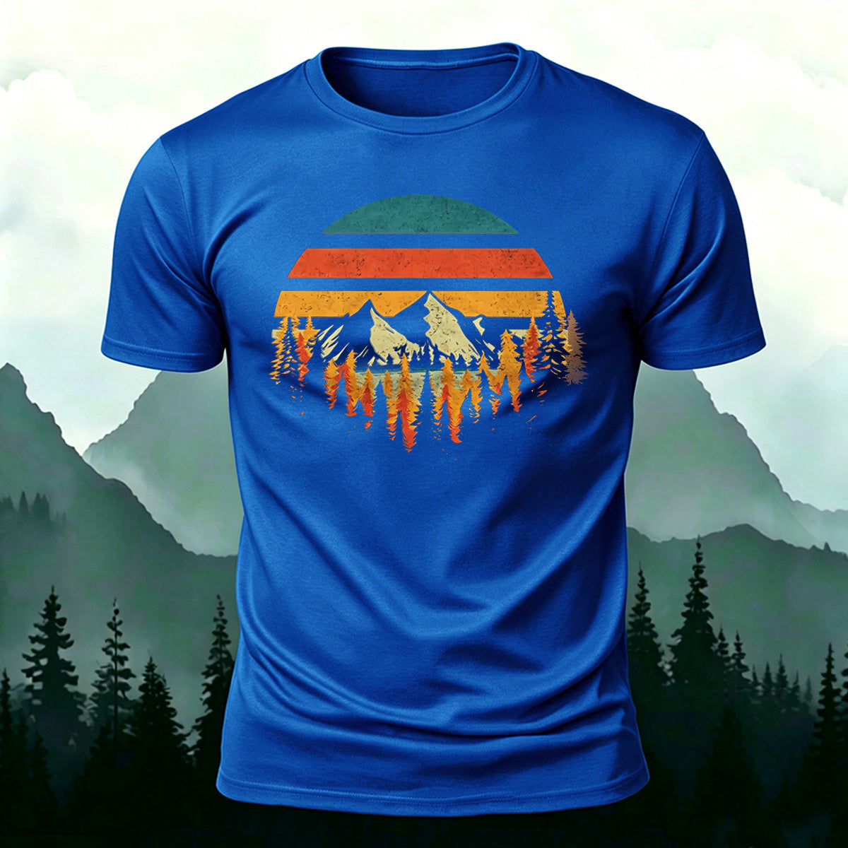 Mountain Landscape Pattern Retro Trend Cotton T-Shirt