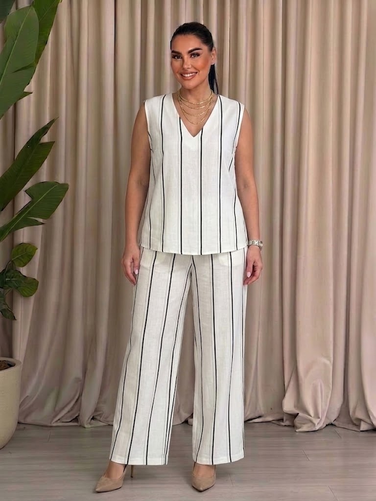 Loose-fitting Slimming Black-and-white Vertical-striped Cotton-linen Set