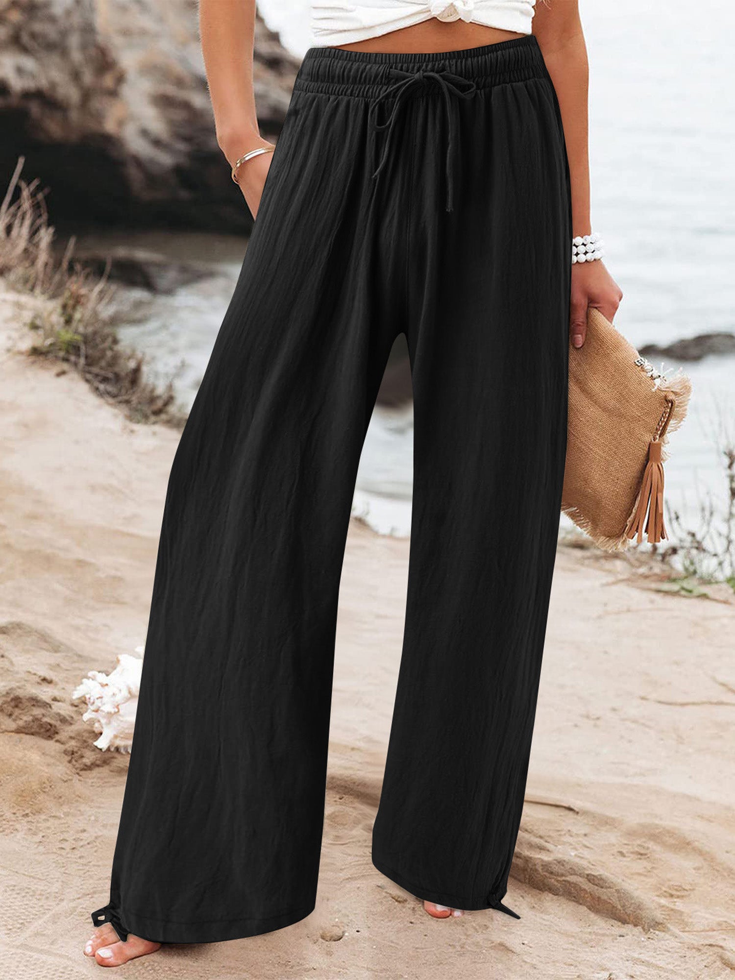 Elastic-Waist Casual Solid-Color Wide-Leg Pants