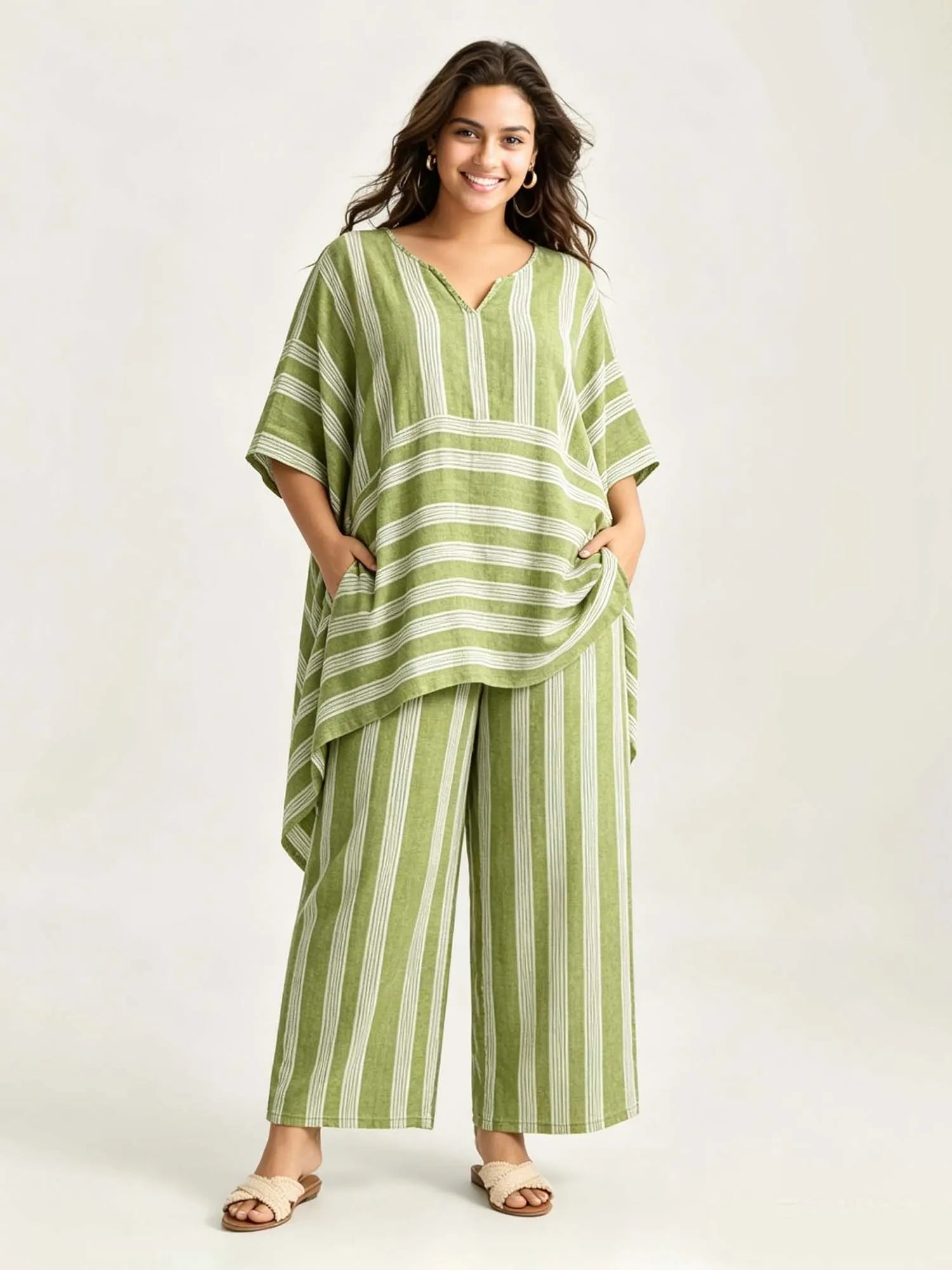 Stylish and Trendy V-Neck Loose-Fit Striped Casual Two-Piece Set