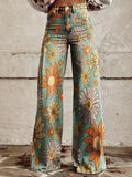 Floral-Print Satin High-Waisted Flowy Loose-Fit Straight-Leg Casual Pants