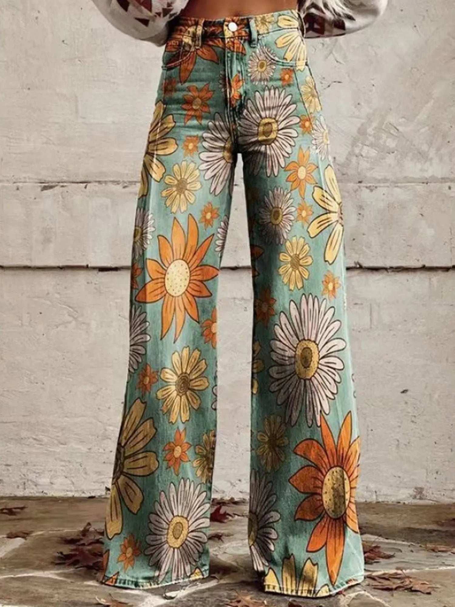 Floral-Print Satin High-Waisted Flowy Loose-Fit Straight-Leg Casual Pants