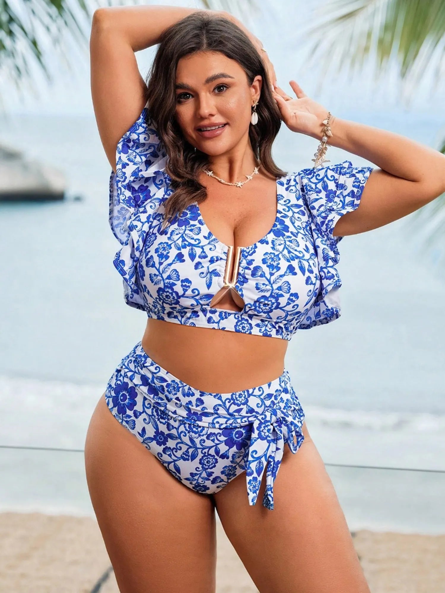 Retro Floral Print Tie Bikini Vacation Swimsuit Set