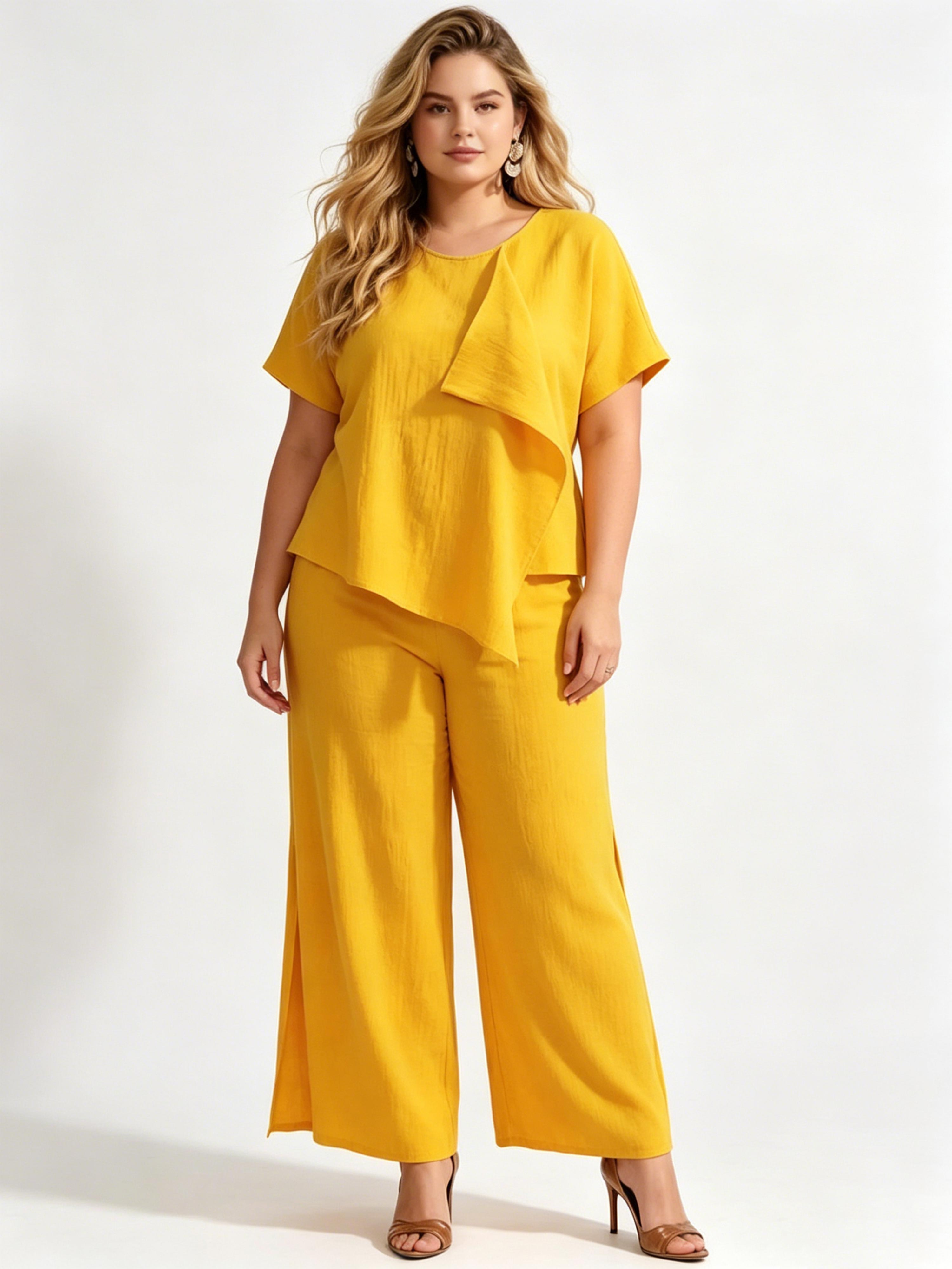 Round Neck Irregular Top Split Wide-leg Pants Set