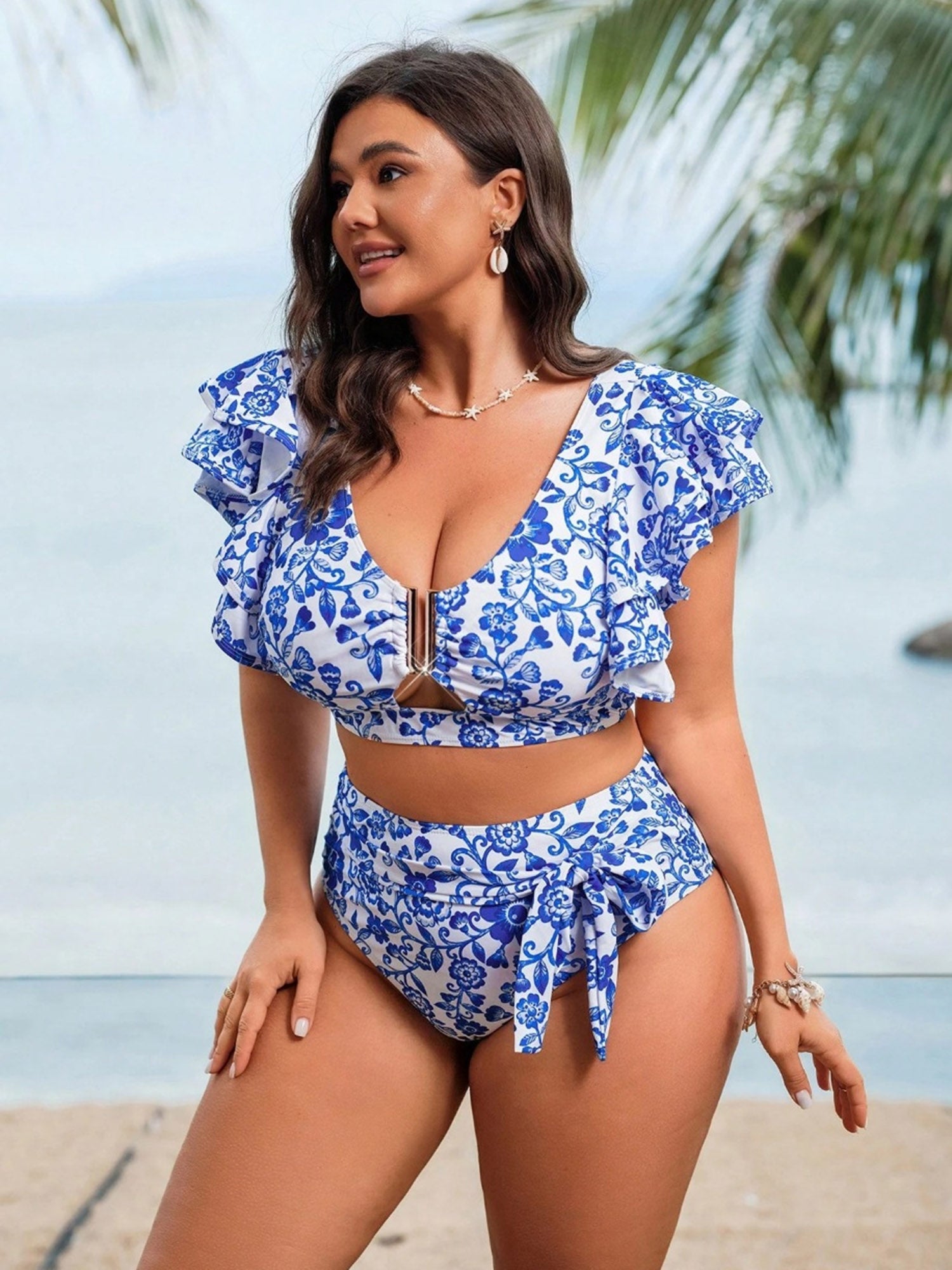 Retro Floral Print Tie Bikini Vacation Swimsuit Set