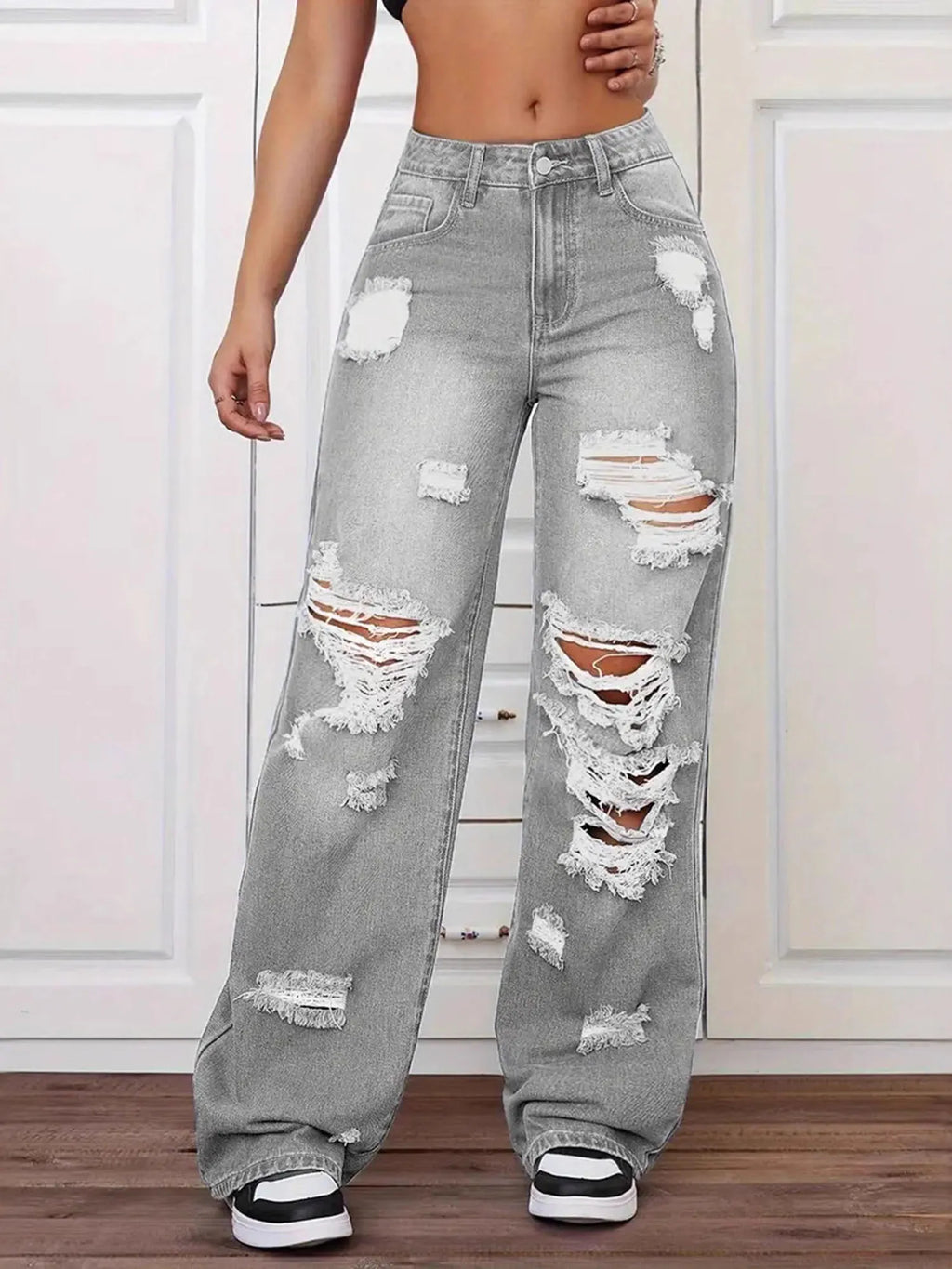 High Waist Straight Leg Versatile Loose Ripped Jeans