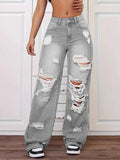 High Waist Straight Leg Versatile Loose Ripped Jeans