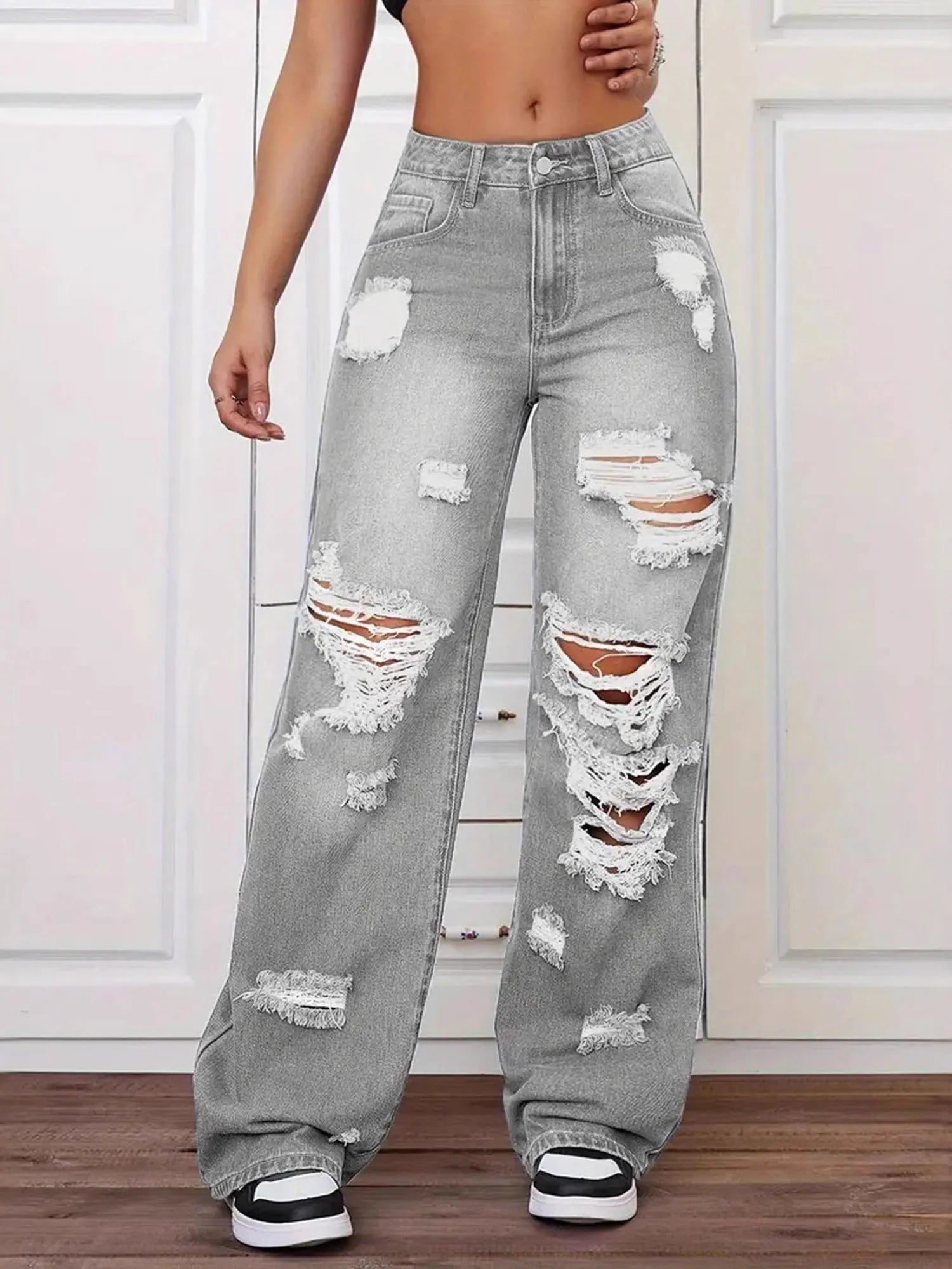 High Waist Straight Leg Versatile Loose Ripped Jeans
