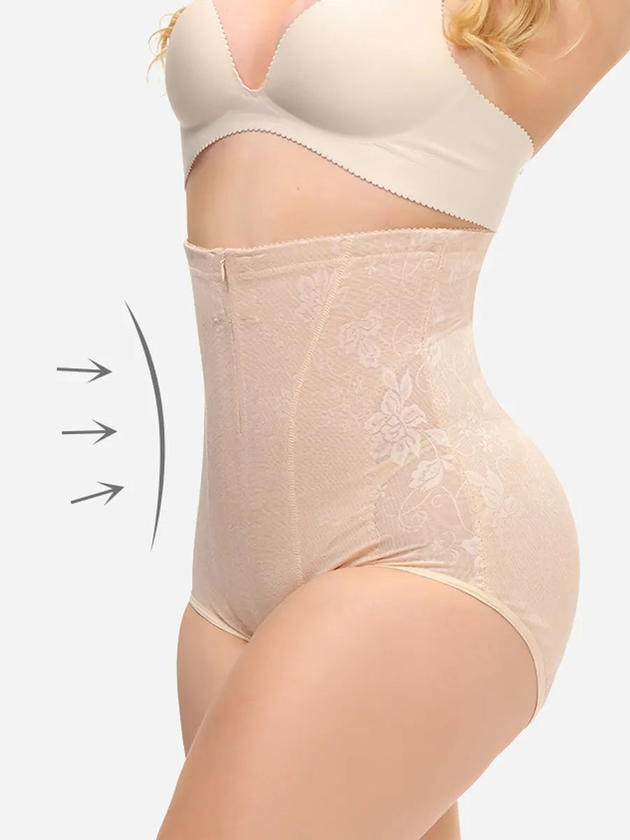 Button-and-Zip Lace High-Waisted Slimming Pants