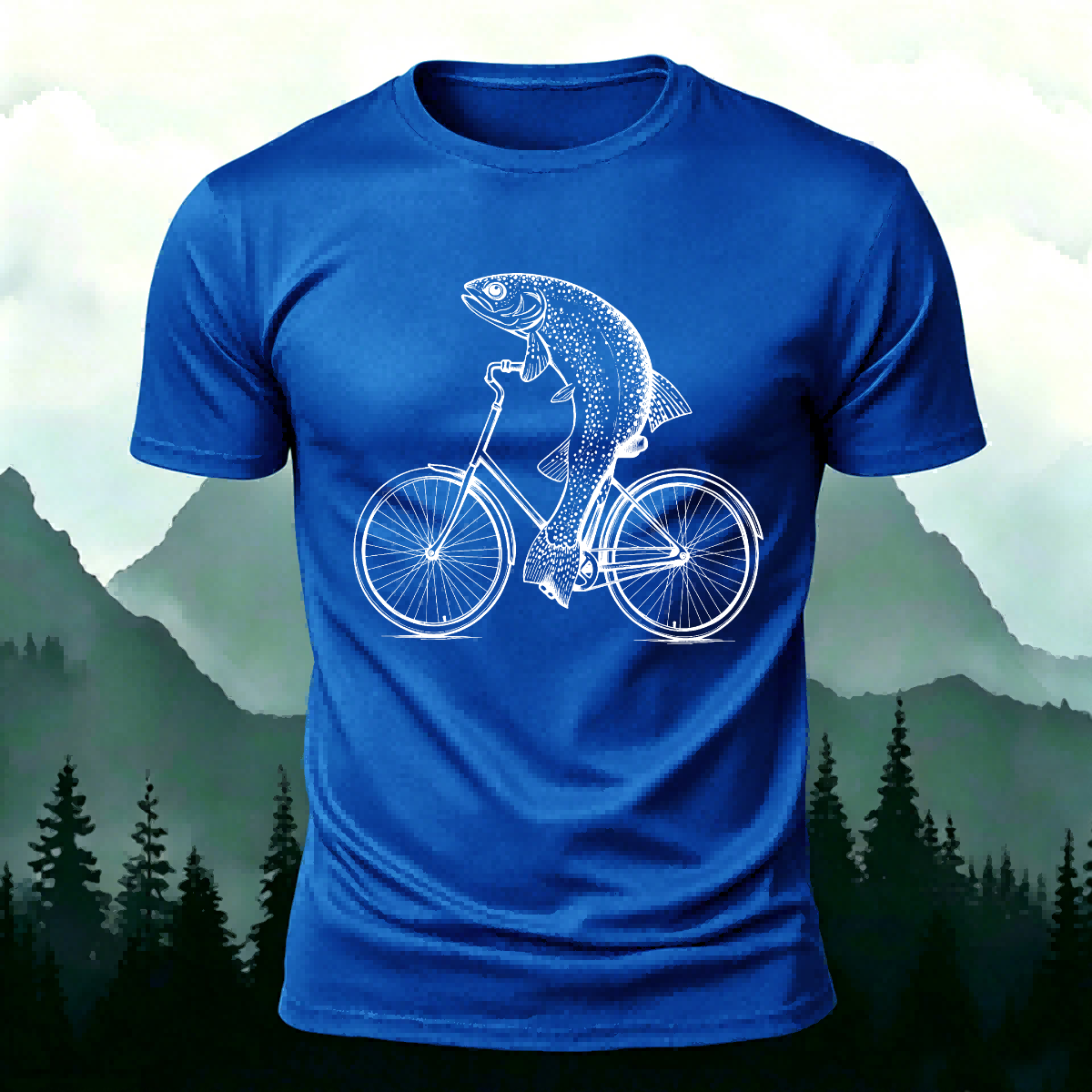 Fish Riding Bicycle Fun Pattern Cotton Casual T-Shirt