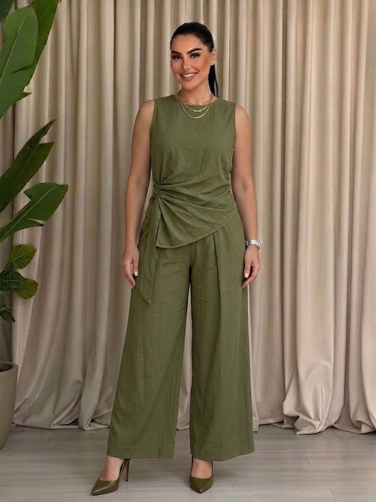 Casual Solid-Color Round-Neck Loose-Fit Sleeveless Two-Piece Set
