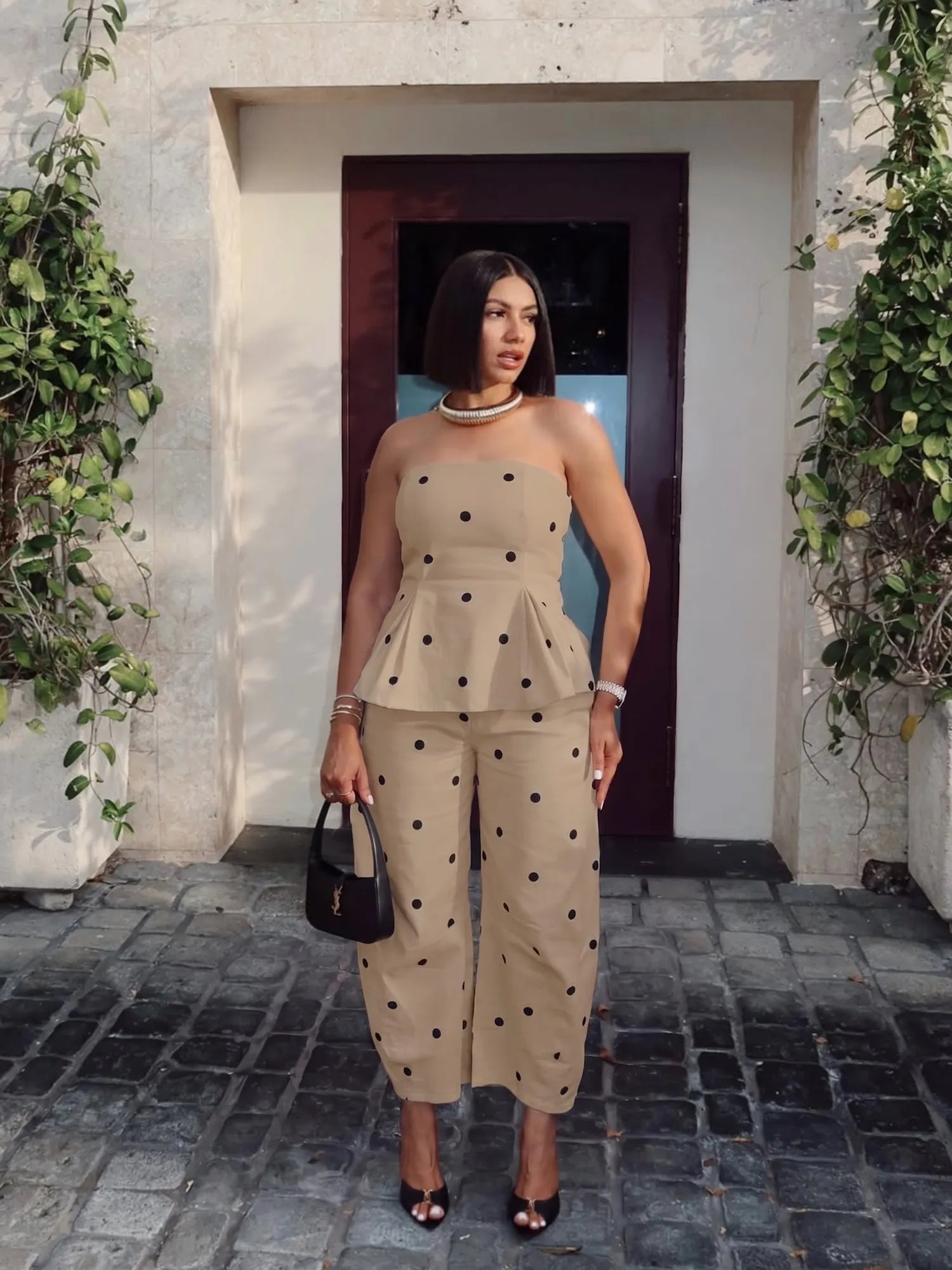 ⚪ Women's Elegant Polka Dot Strapless Peplum Top & Wide-Leg Pants Set