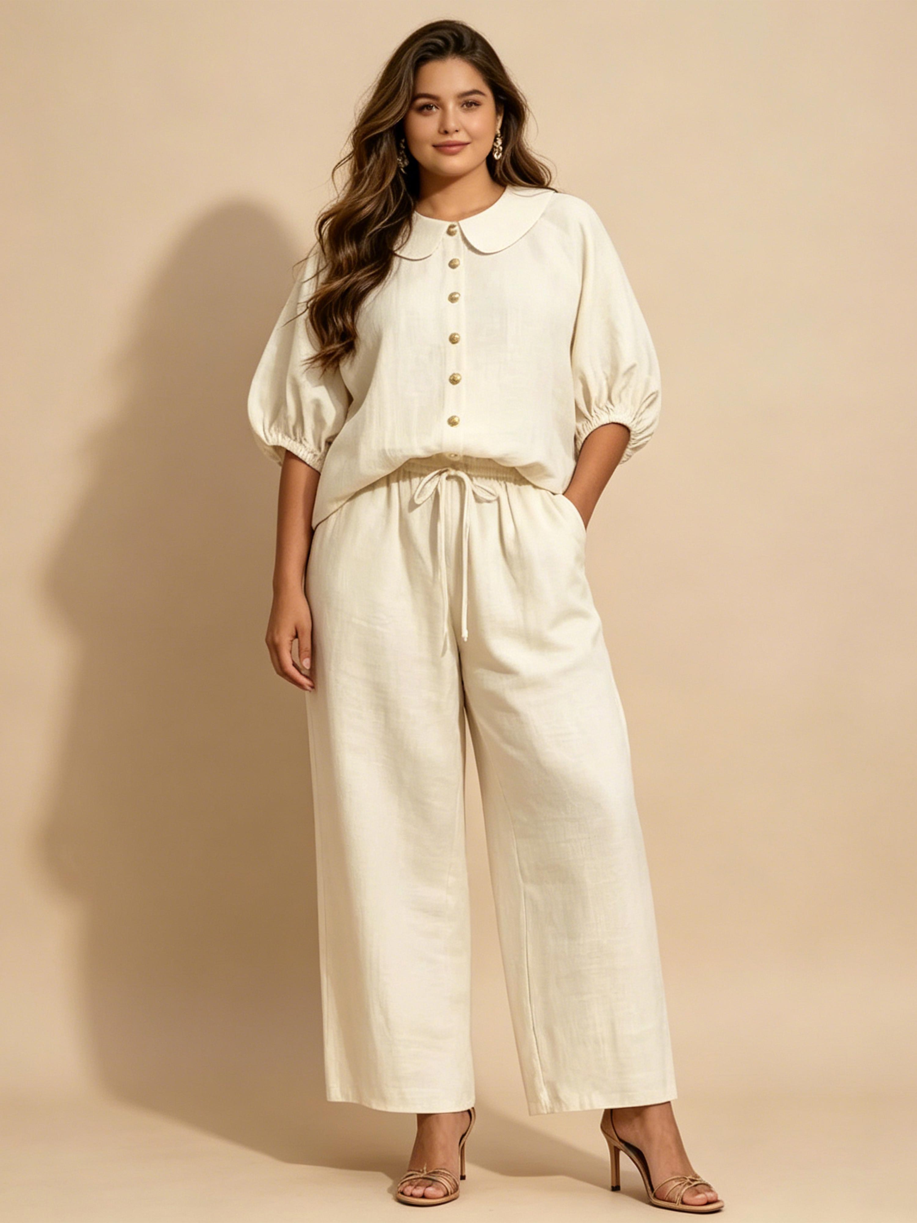 Fashionable Cotton-Linen Bell-Sleeve Shirt and Pants Set