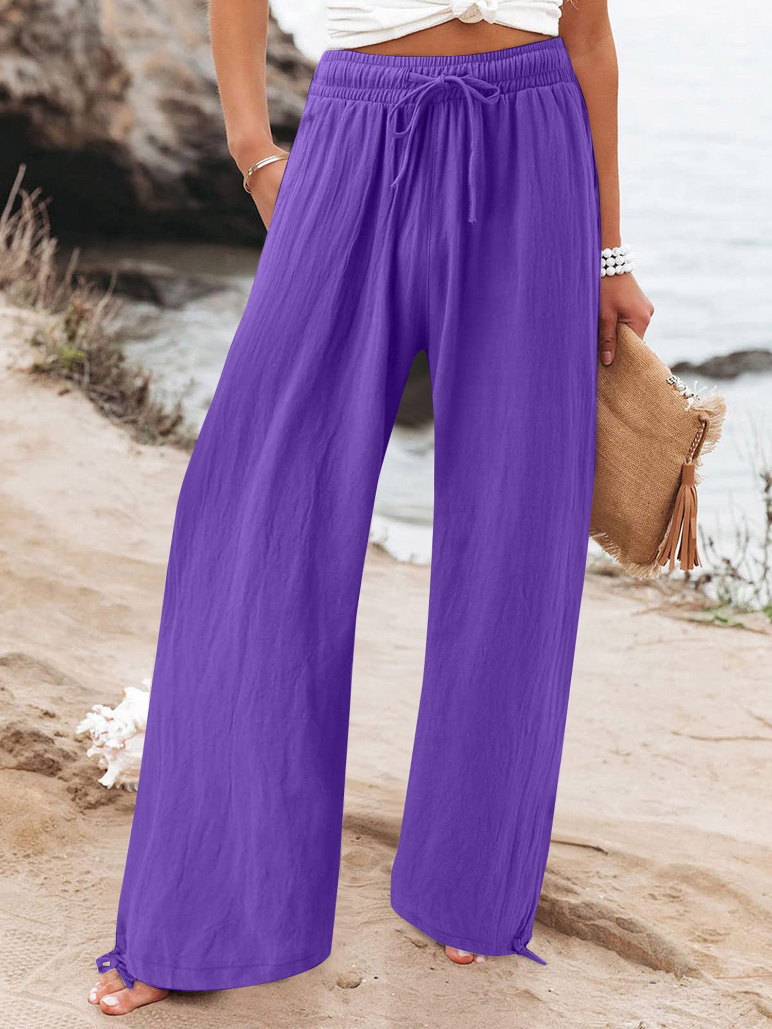 Elastic-Waist Casual Solid-Color Wide-Leg Pants