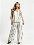 Loose-fitting Slimming Black-and-white Vertical-striped Cotton-linen Set