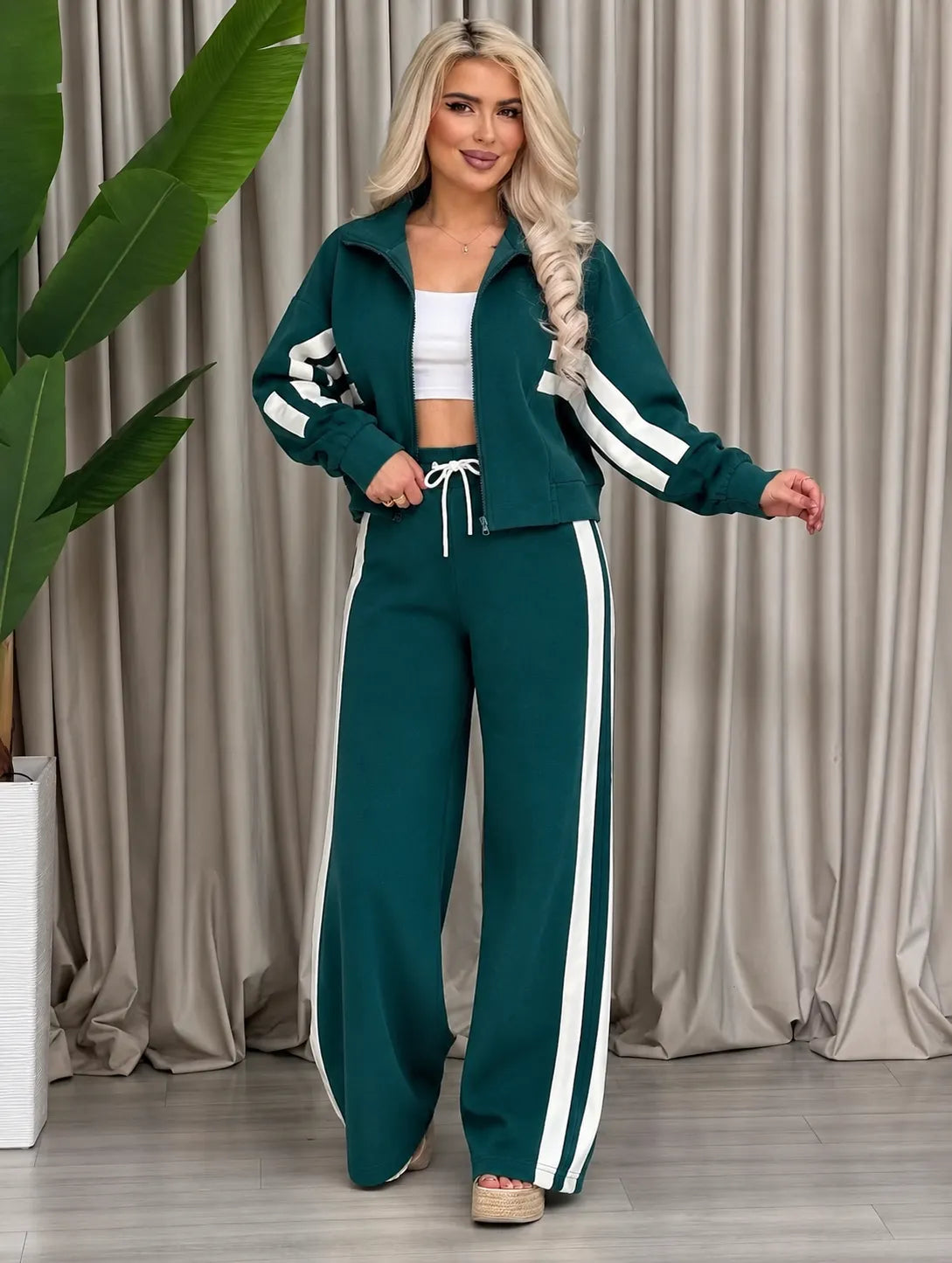 Women Y2K Striped Casual Tracksuit Two Piece Set