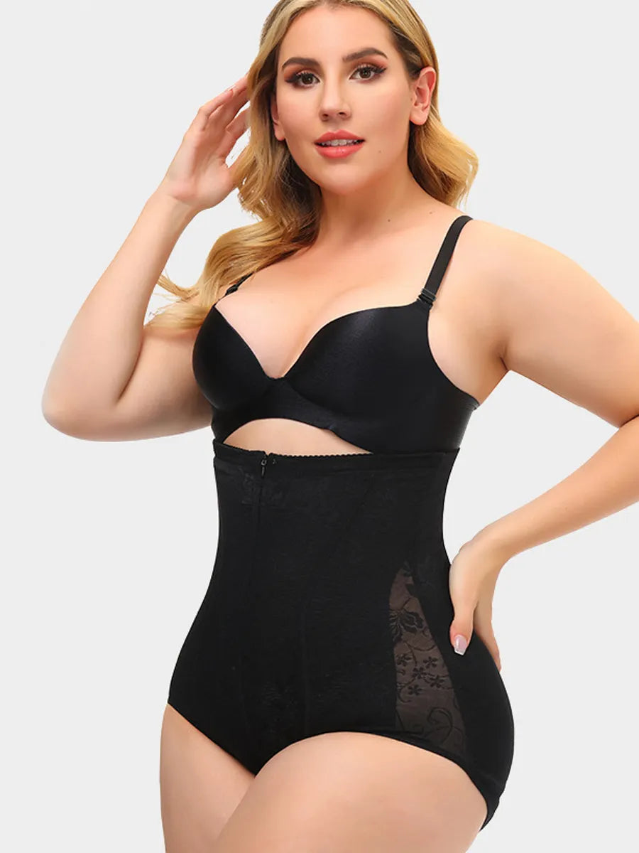 Button-and-Zip Lace High-Waisted Slimming Pants