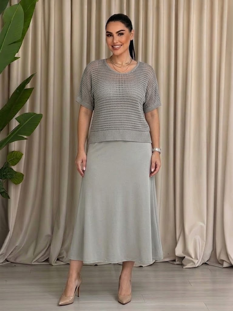 Knitted Hollow-out Casual Solid Color Dress Set