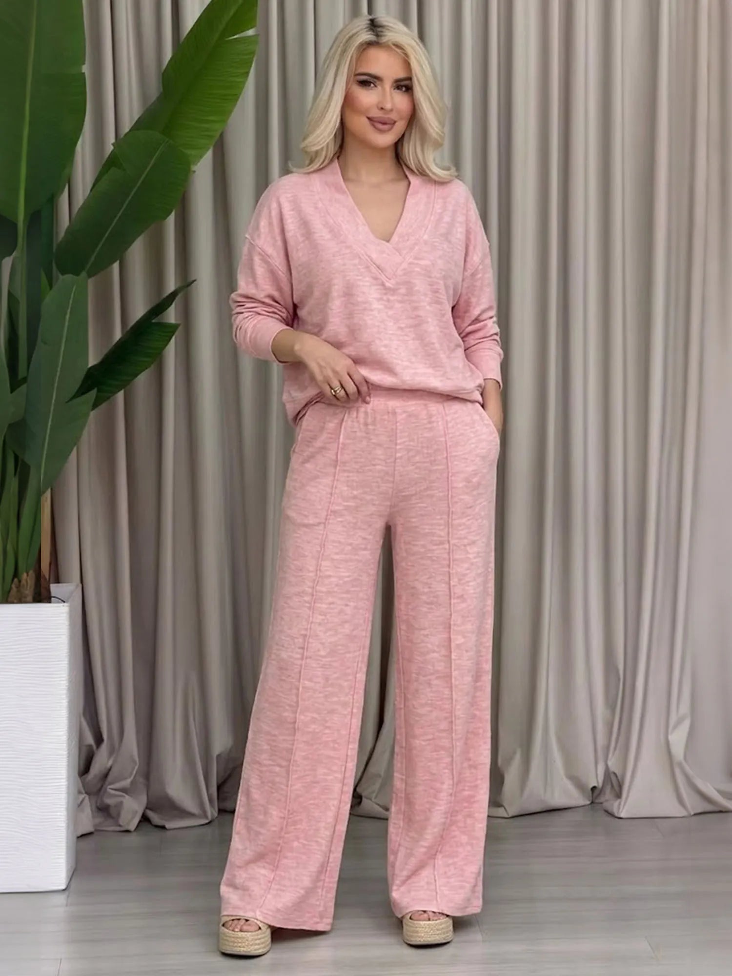 Women V-Neck Solid Color Loose Fashion Casual Set