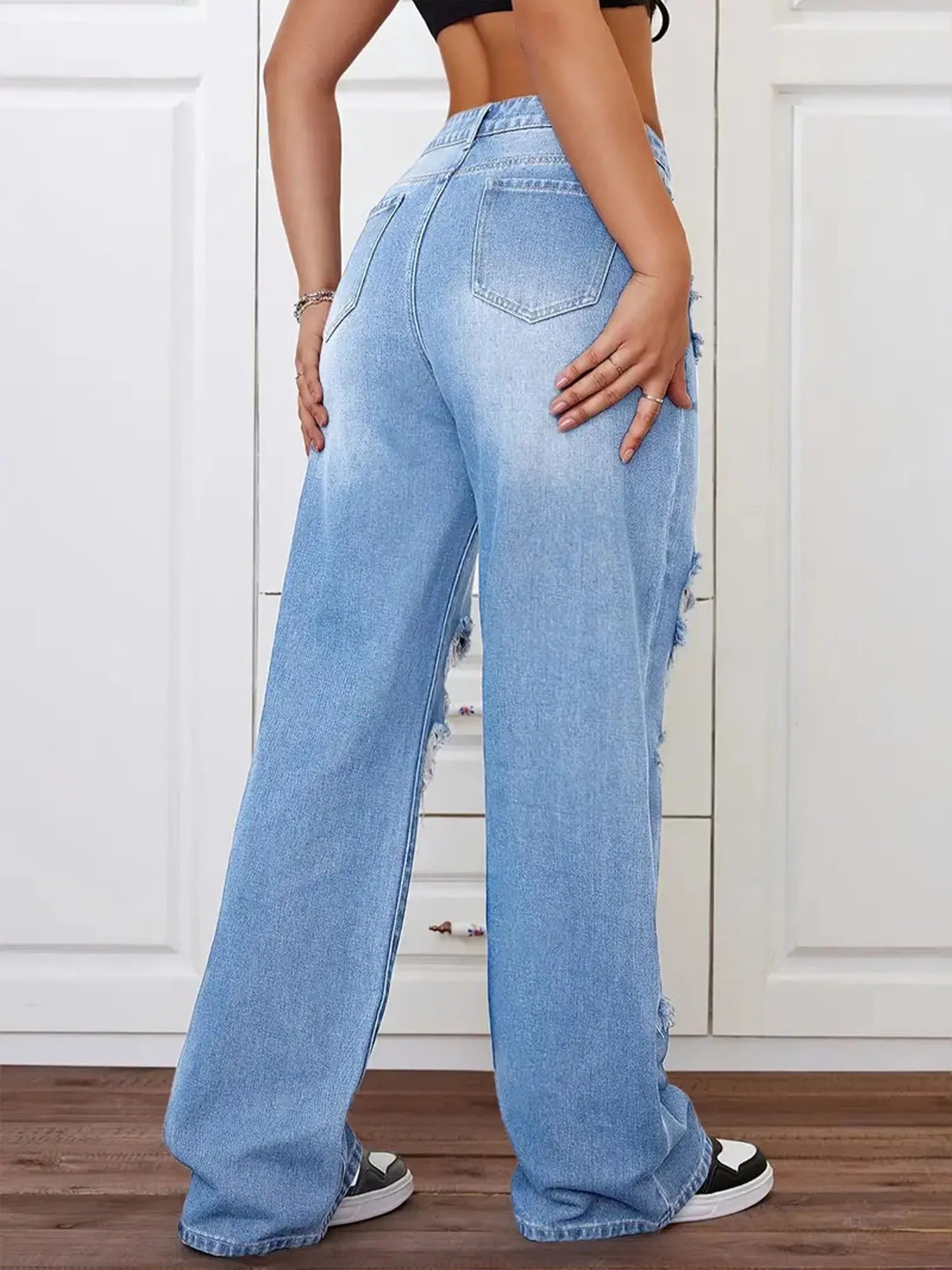 High Waist Straight Leg Versatile Loose Ripped Jeans