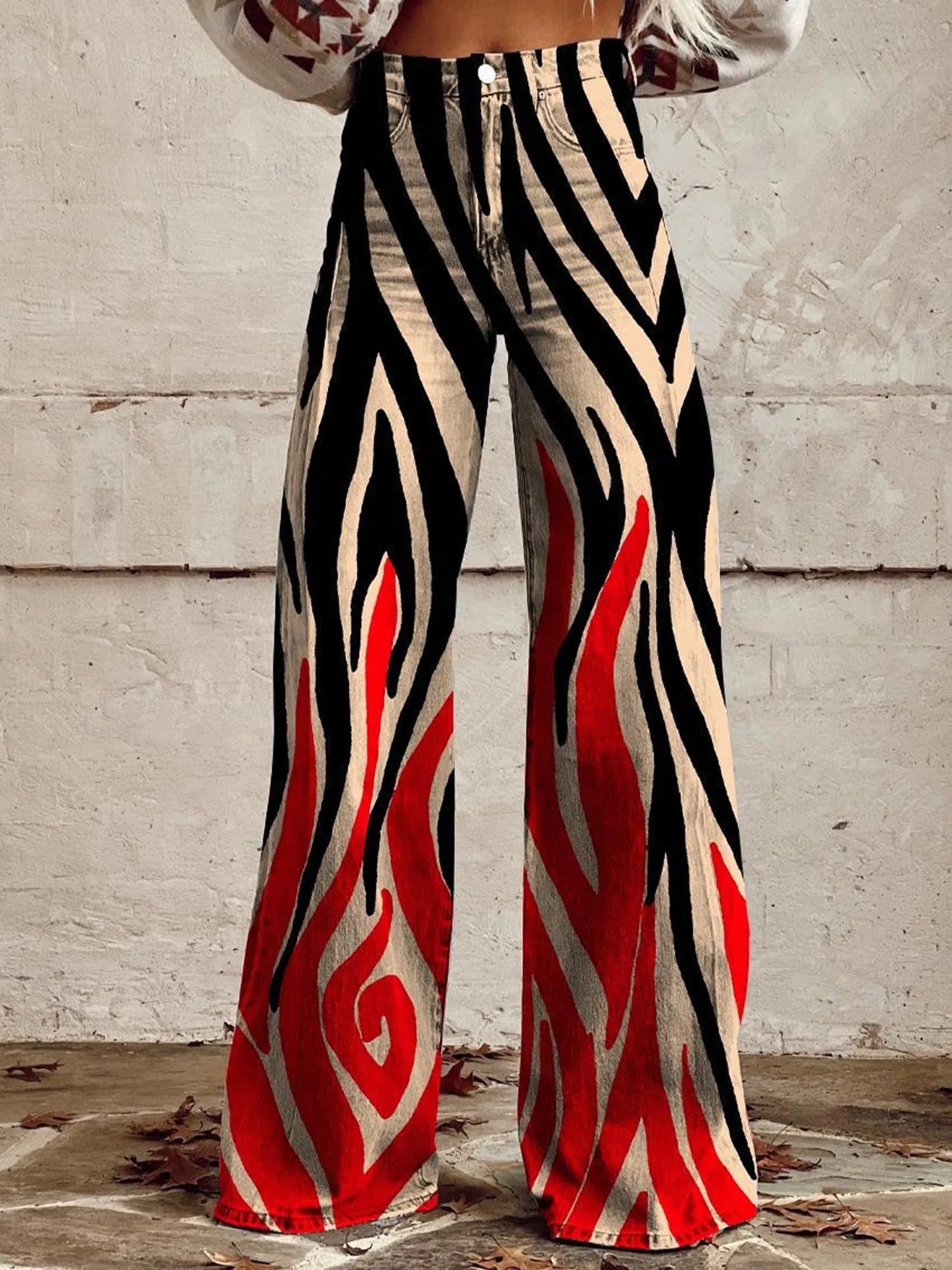 Women's Denim-Look 3D-Printed Casual Wide-Leg Flared Pants