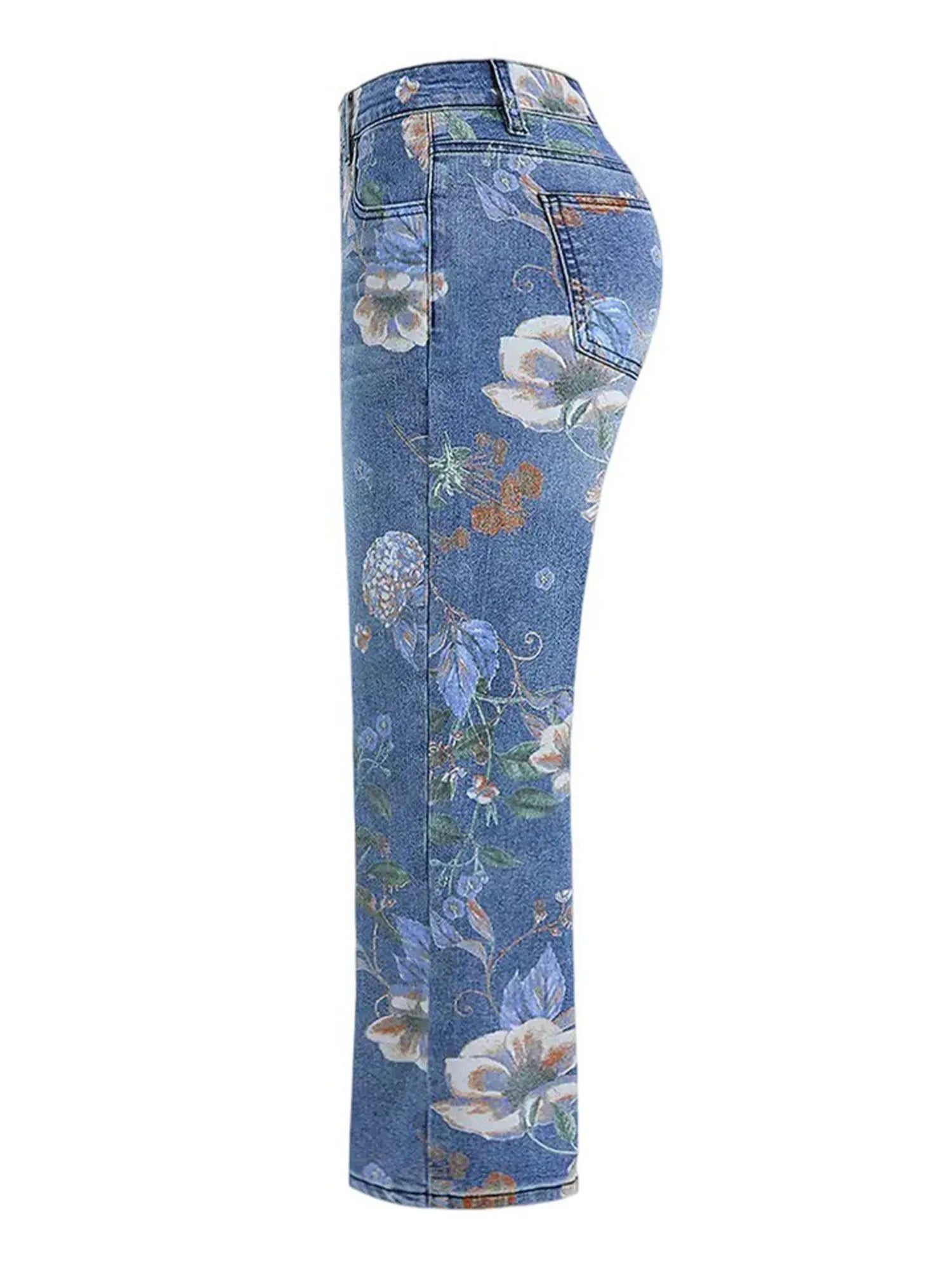Women Floral Print Wide Leg Straight Denim Jeans
