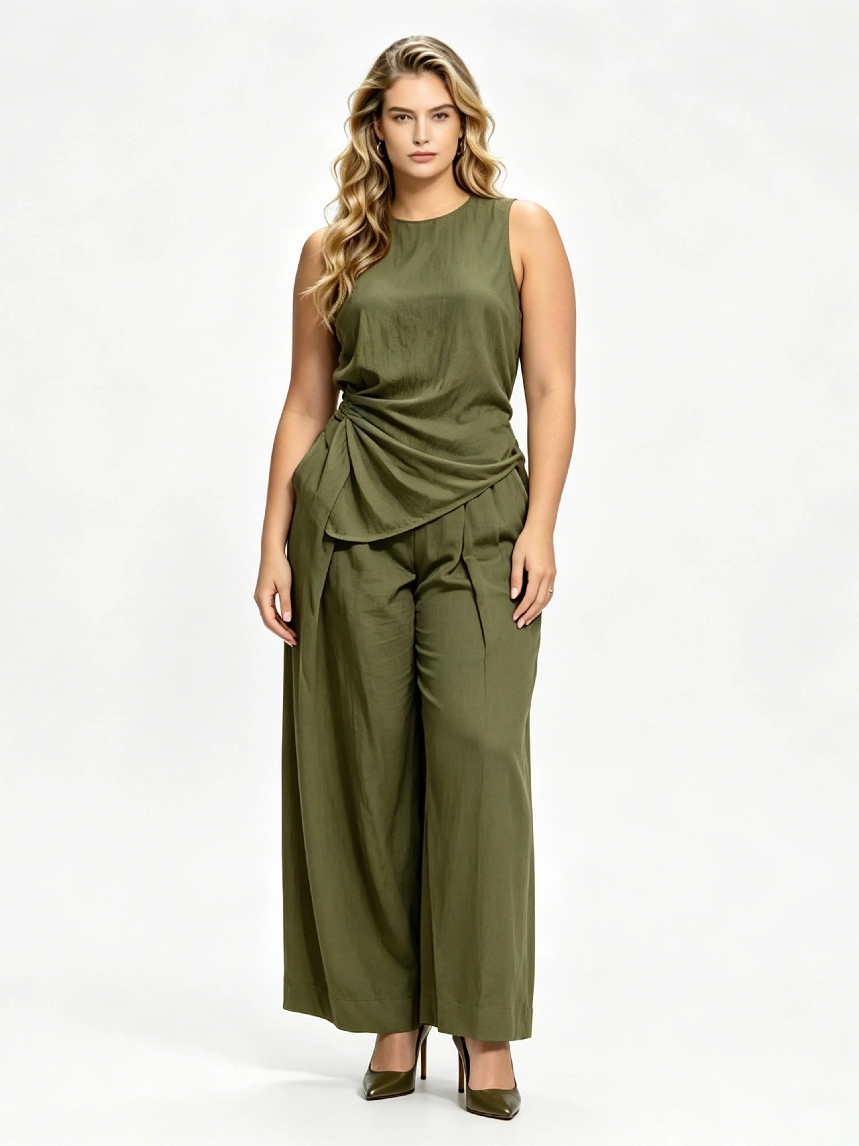 Casual Solid-Color Round-Neck Loose-Fit Sleeveless Two-Piece Set