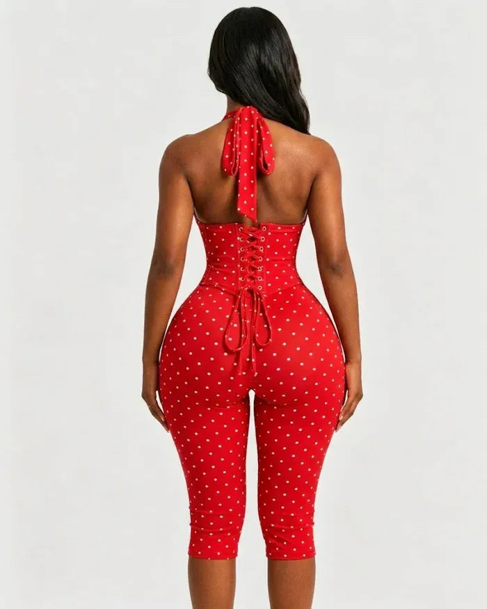 Sexy Halter-Neck Polka Dot Waist-Cinching Shapewear And Capri Legging