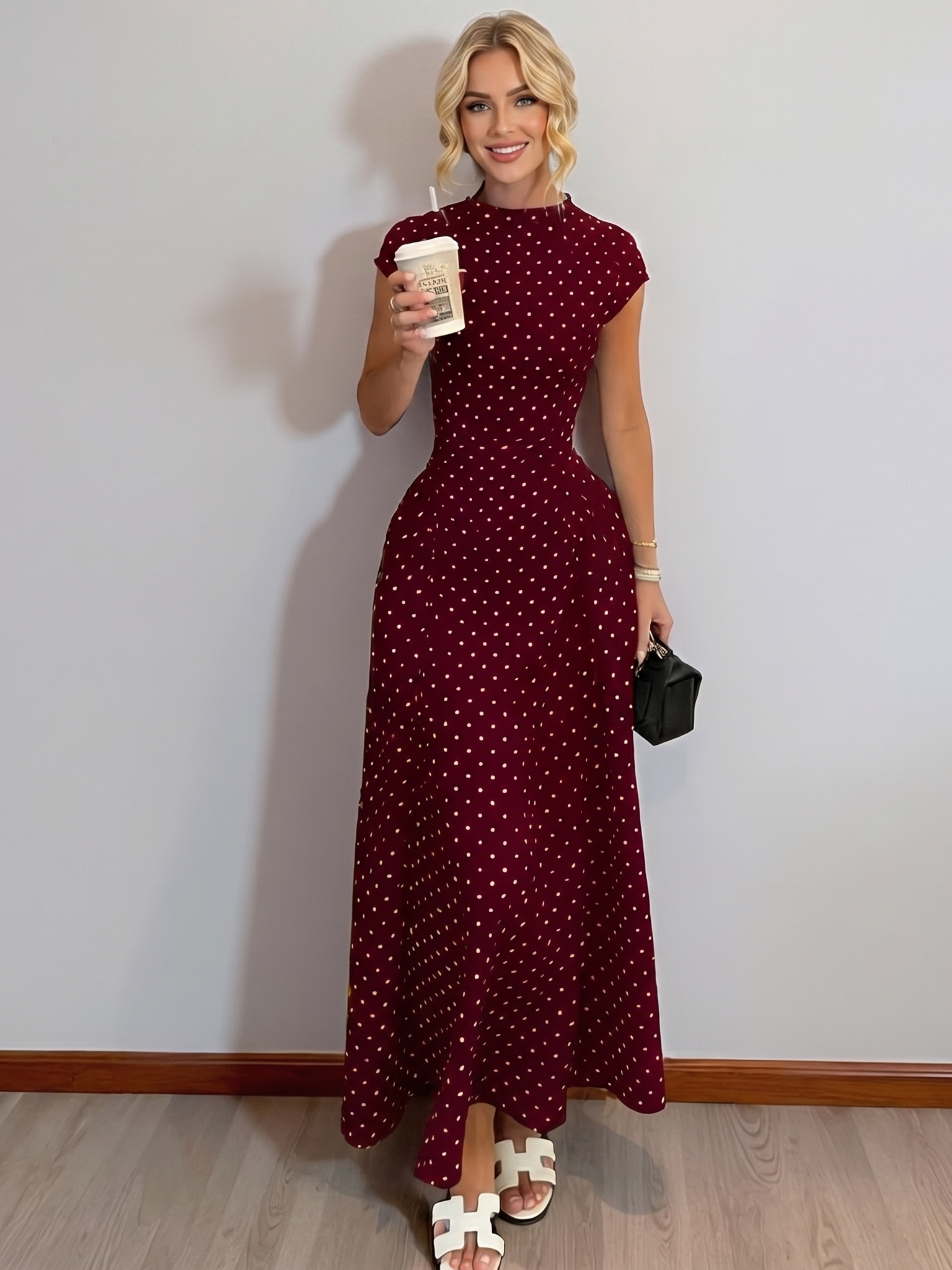 Elegant Polka-Dot Slim-Fit Dress